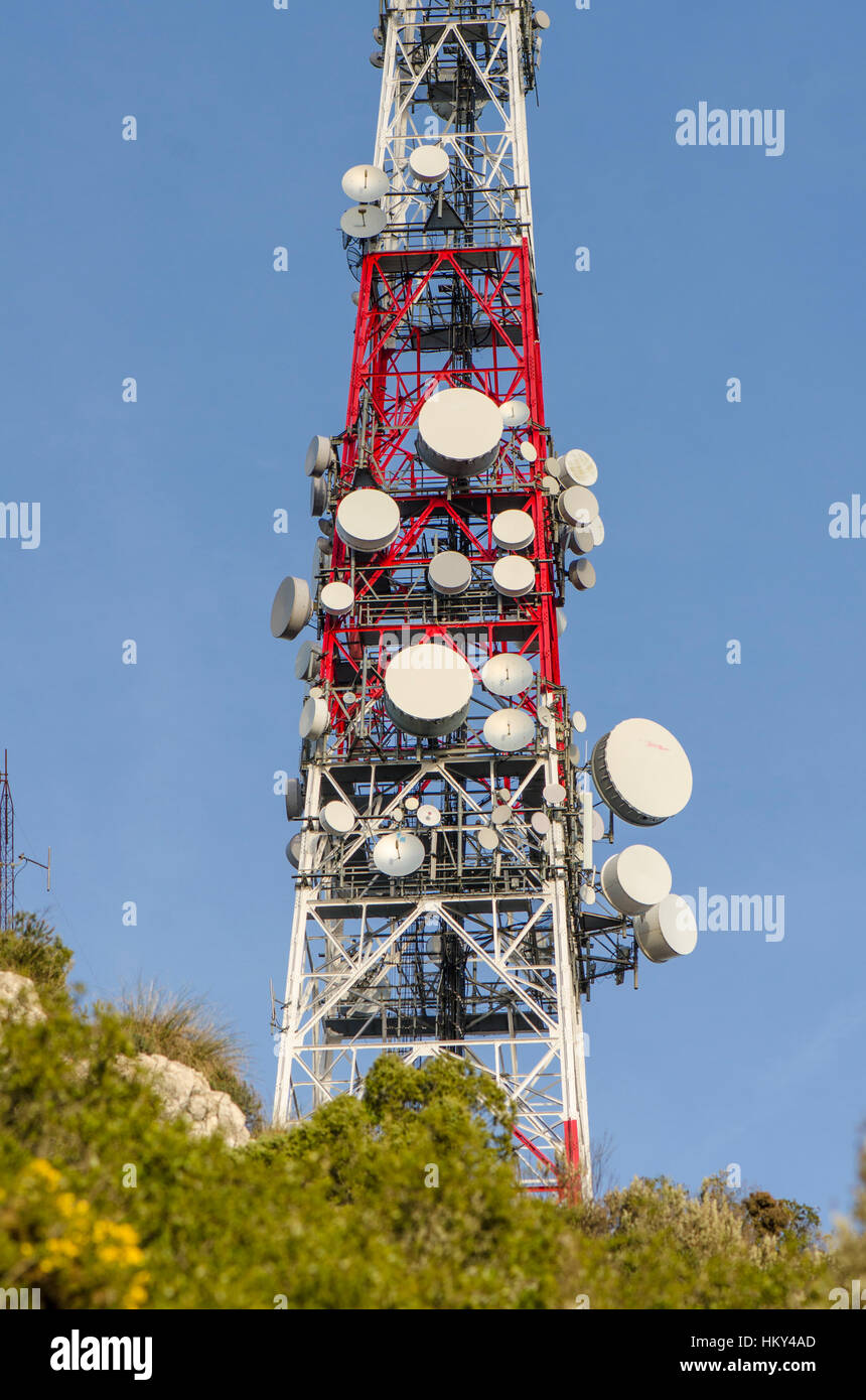Communications mast, aerials, antennae above Mijas, Costa del Sol, Malaga Province, Spain Stock Photo