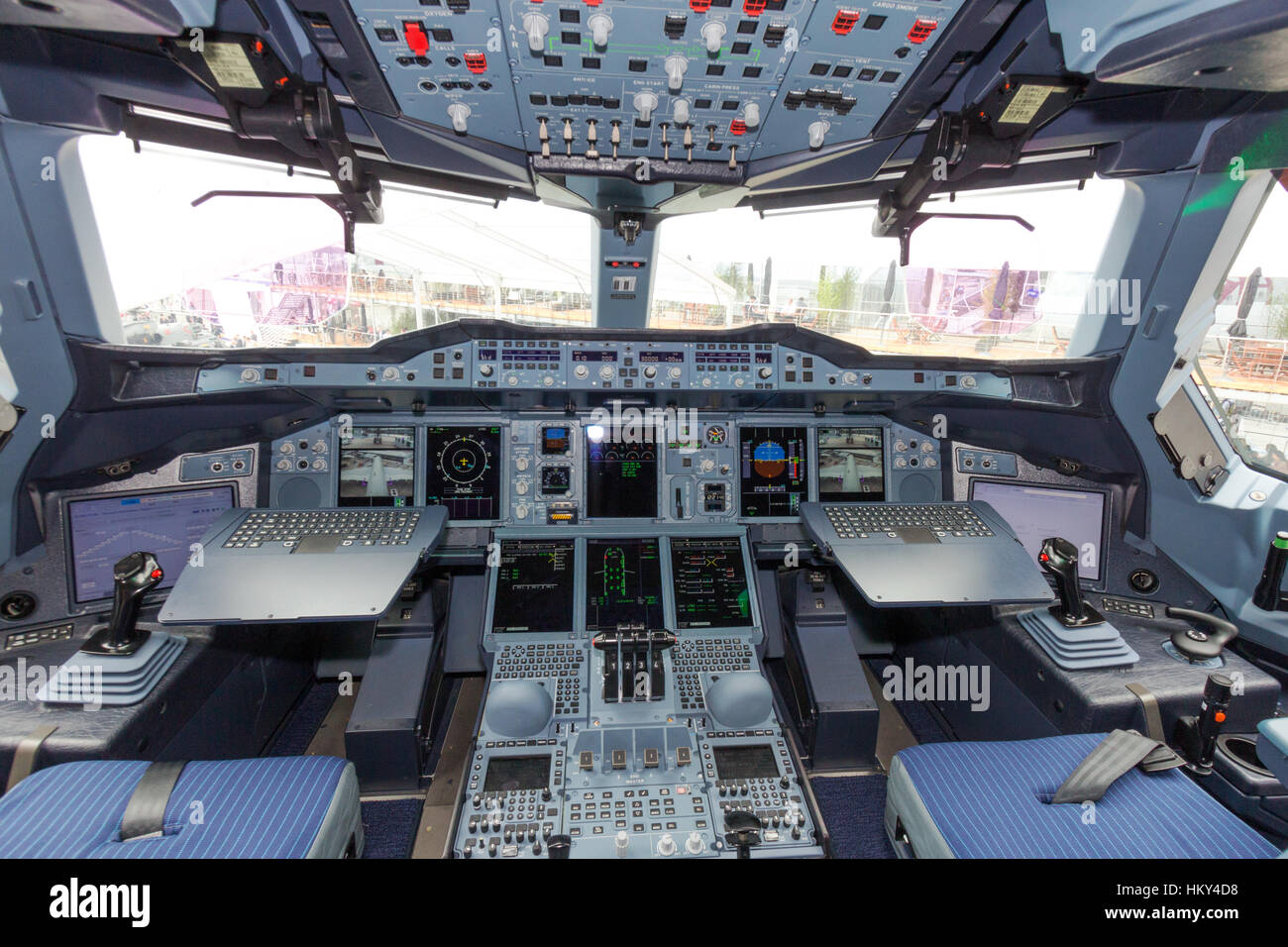 PARIS - JUN 18, 2015: Airbus A380 cockpit. The A380 is the largest passenger airliner in the world. Stock Photo