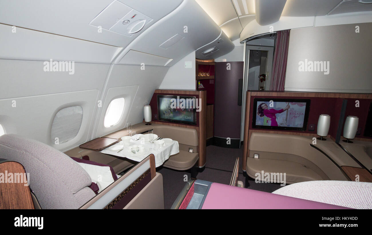 PARIS - JUN 18, 2015: Premium Class cabin in the Qatar Airways Airbus A350. Qatar Airways is the first user of the A350 with a first flight on 15 Janu Stock Photo