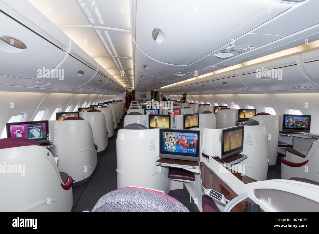 PARIS - JUN 18, 2015: Layout of the Business Class of a Qatar Airways Airbus A380. The A380 is the largest passenger airliner in the world. Stock Photo