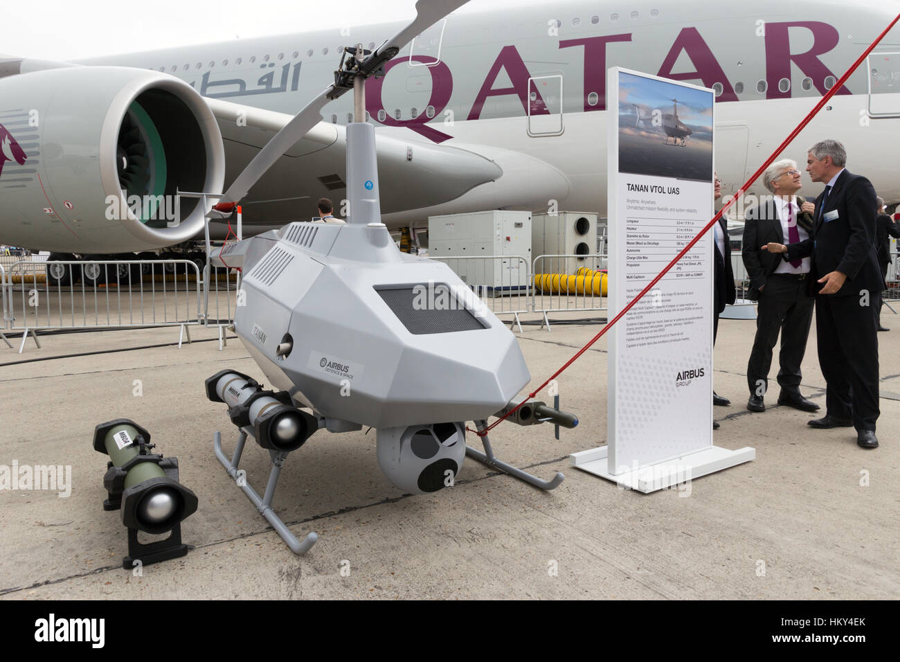 PARIS-LE BOURGET - JUN 18, 2015: Airbus Tanan Unmanned Aerial System (UAS) at the 51st  International Paris Air show. New generation UAV build by Airb Stock Photo