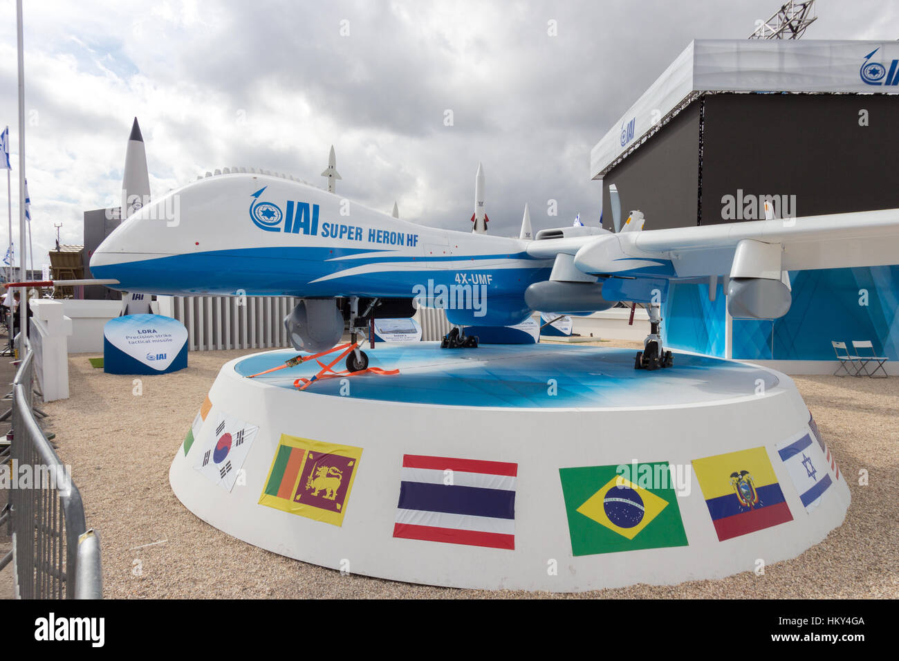 PARIS-LE BOURGET - JUN 18, 2015: IAI Super Heron heavy fuel multi-role unmanned aerial vehicle (UAV) on display at the 51st International Paris Air sh Stock Photo