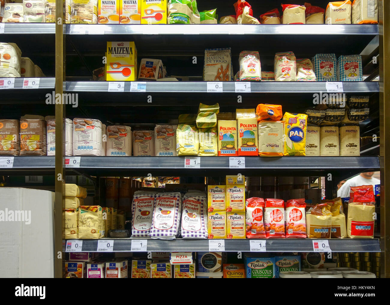 Different brands of flour in supermarket, Spain Stock Photo Alamy