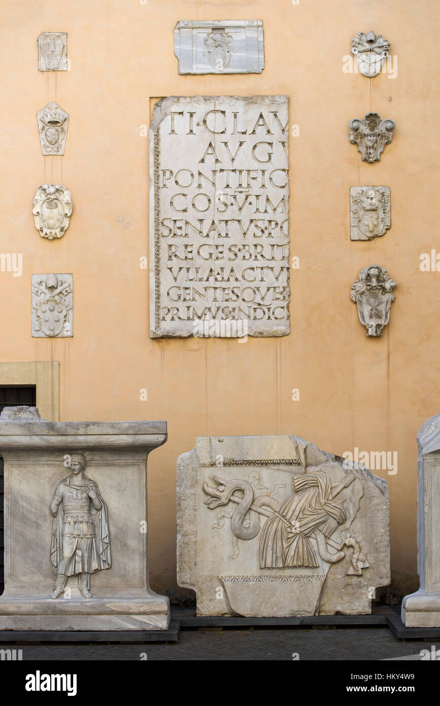 Rome. Italy. Remains of the inscription from the Arch of Claudius (centre). Stock Photo