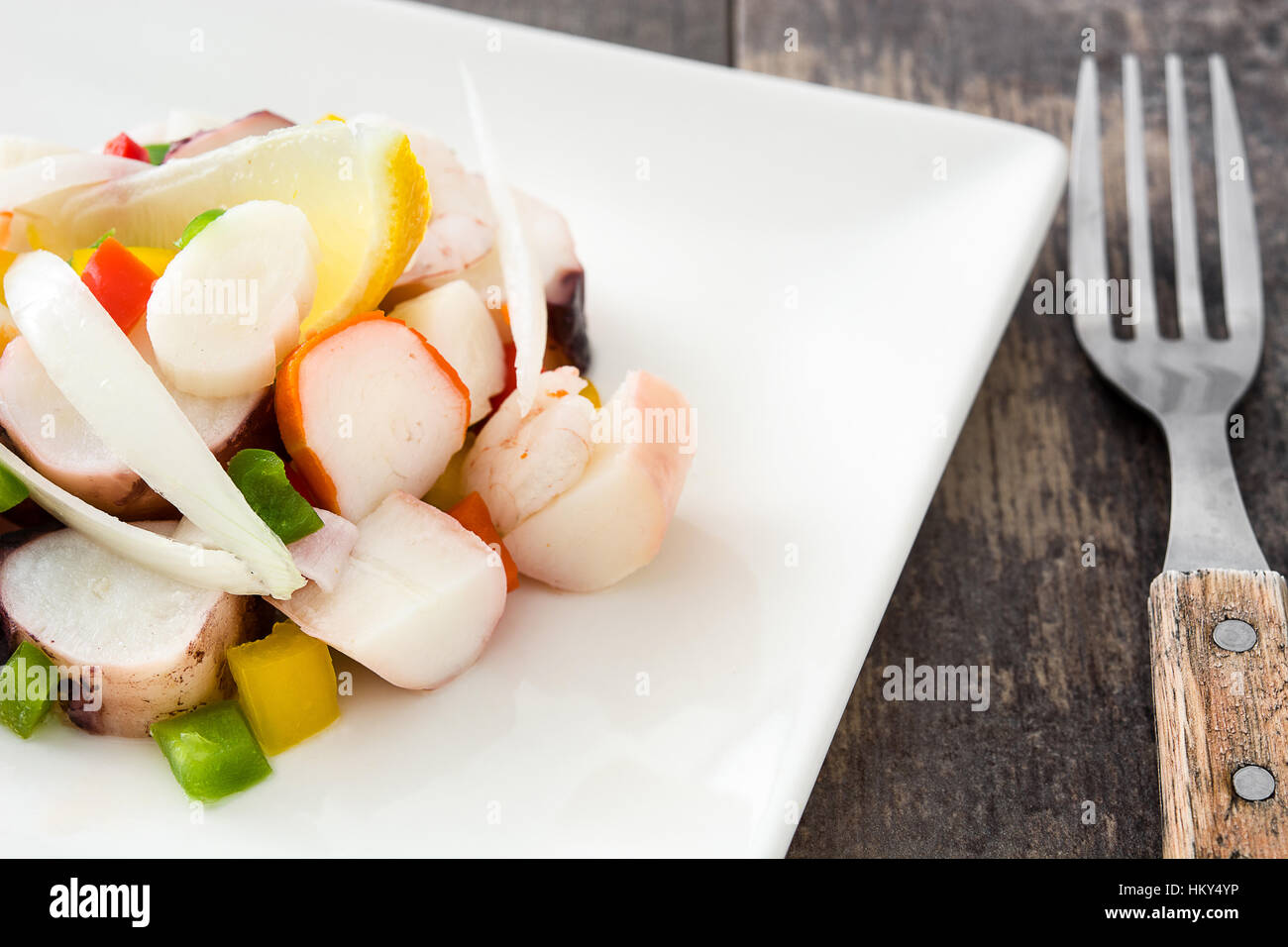 Traditional seafood ceviche from Peru on wooden background Stock Photo ...