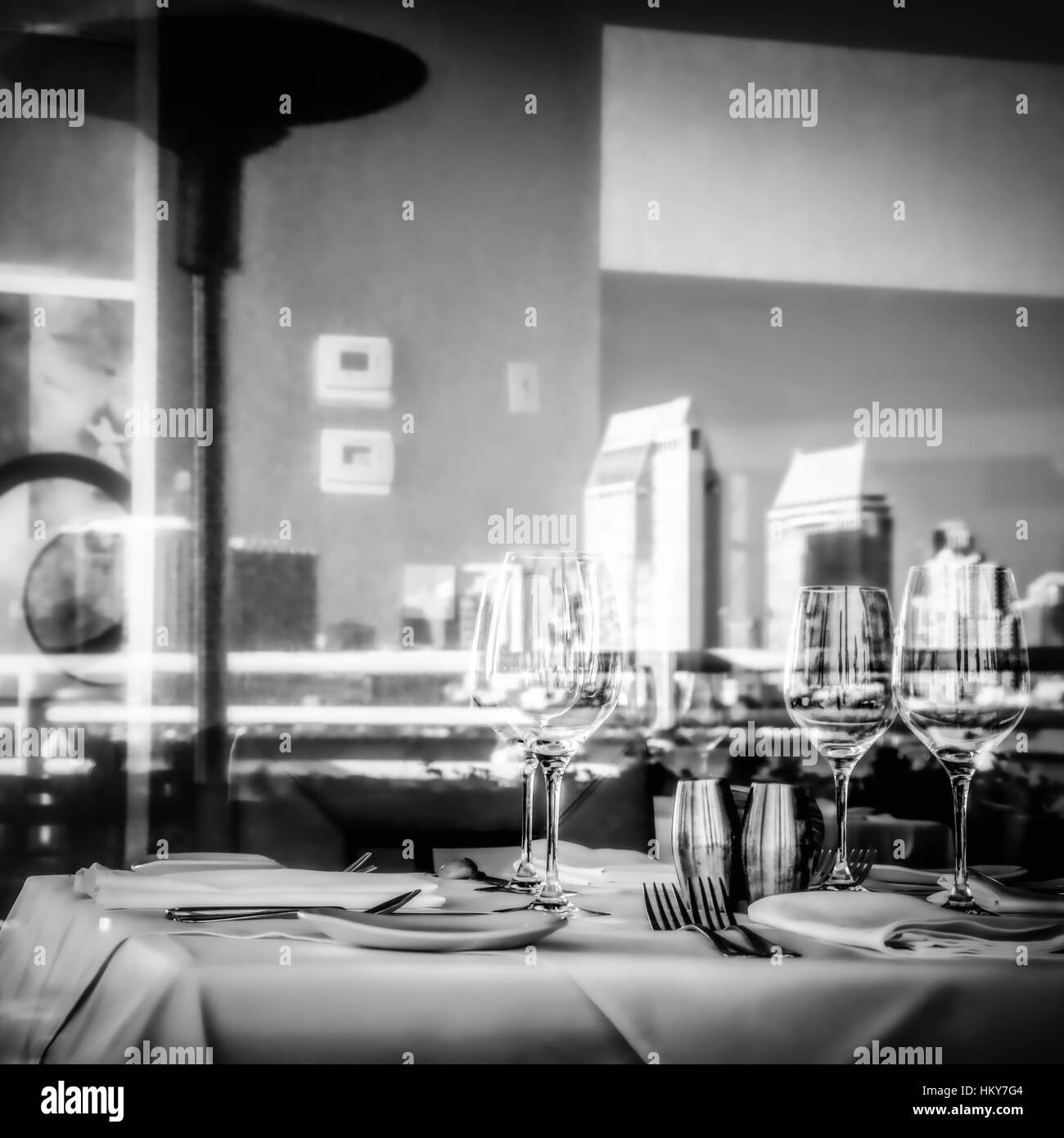 San Diego reflects off the window of a Coronado restaurant. Stock Photo