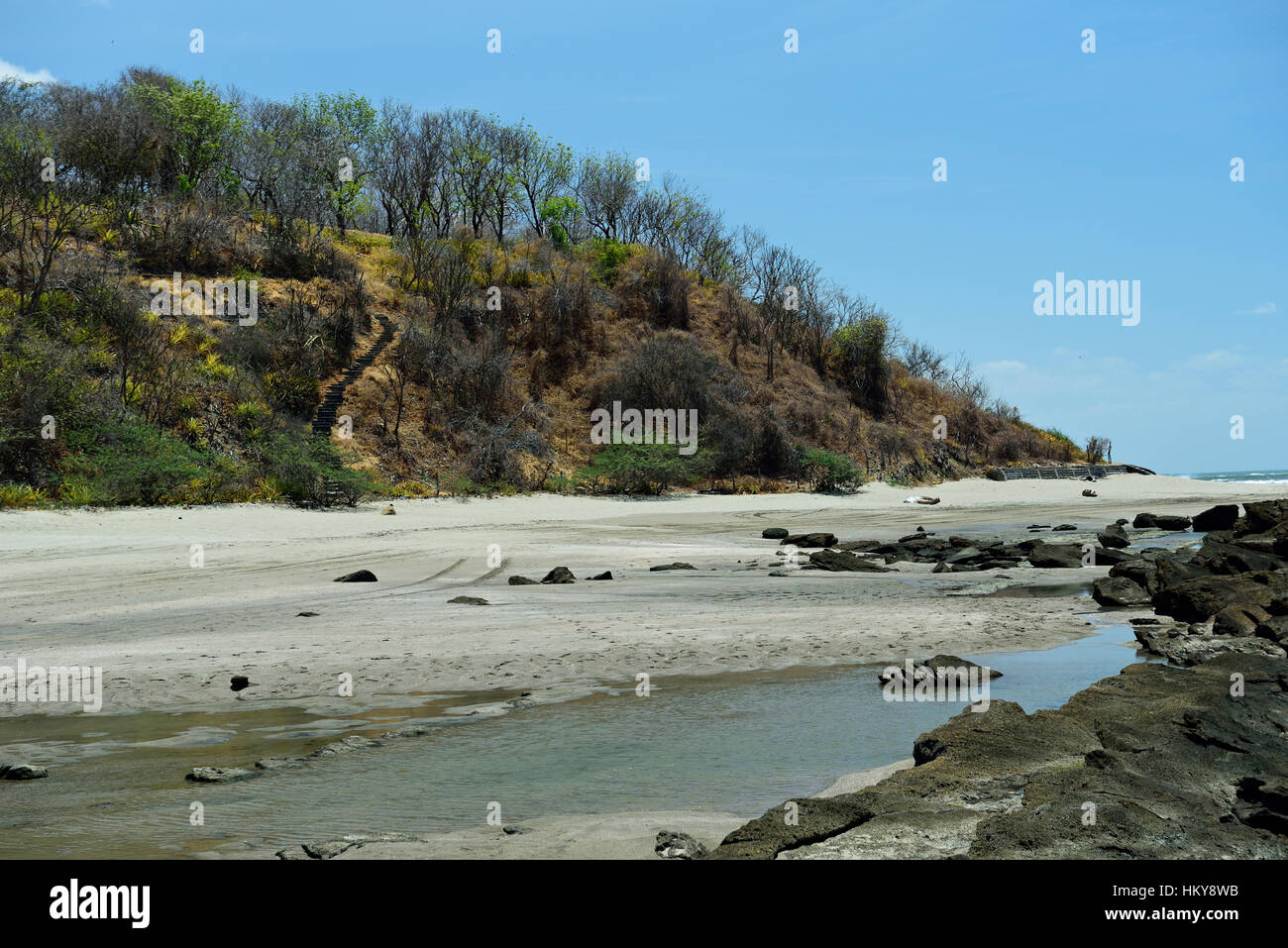 ocean shore landscape  with stones and rocks and stairs in back Stock Photo