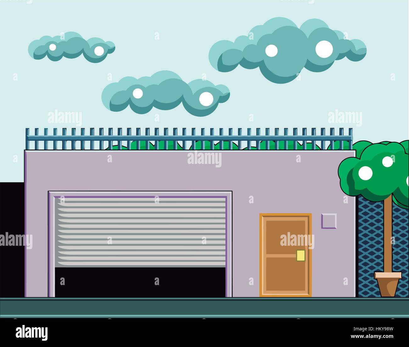 A house with a garage, trees on the front and clouds in the sky. Vector flat illustration. Stock Vector