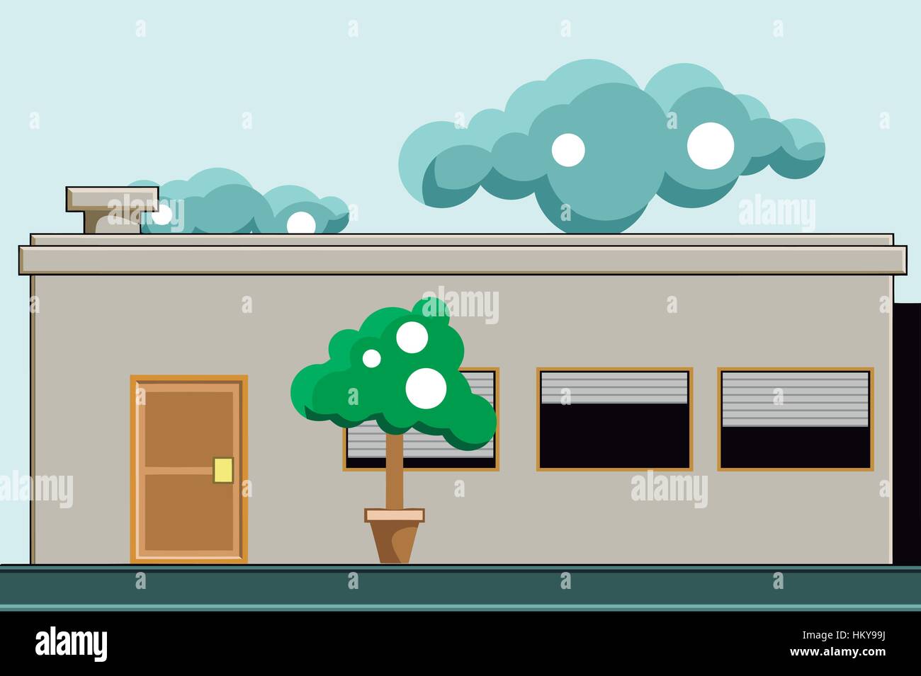 A house with trees on the front and clouds in the sky. Vector flat illustration. Stock Vector
