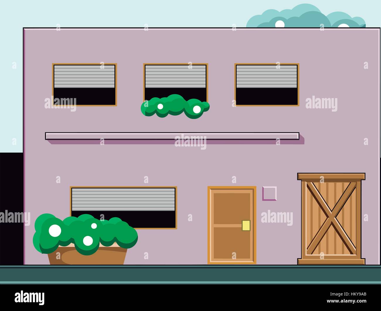 A house of 2 floors, with trees on the front and clouds in the sky. Vector flat illustration. Stock Vector