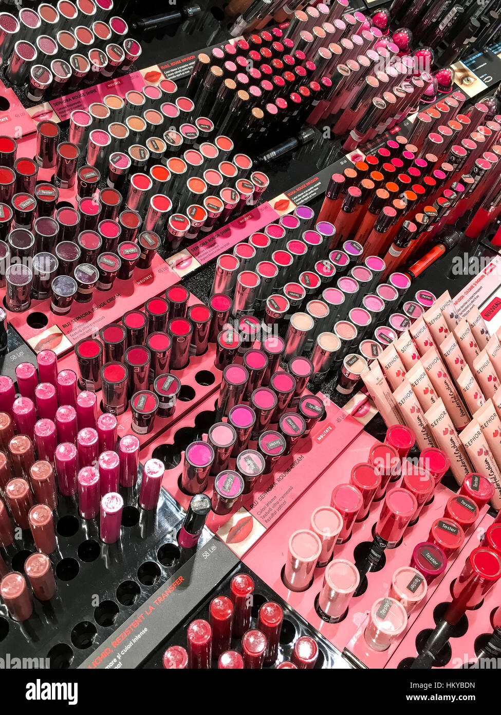 BUCHAREST, ROMANIA - MAY 30, 2016: Cosmetic Products For Sale In Fashion Beauty Shop Display. Stock Photo