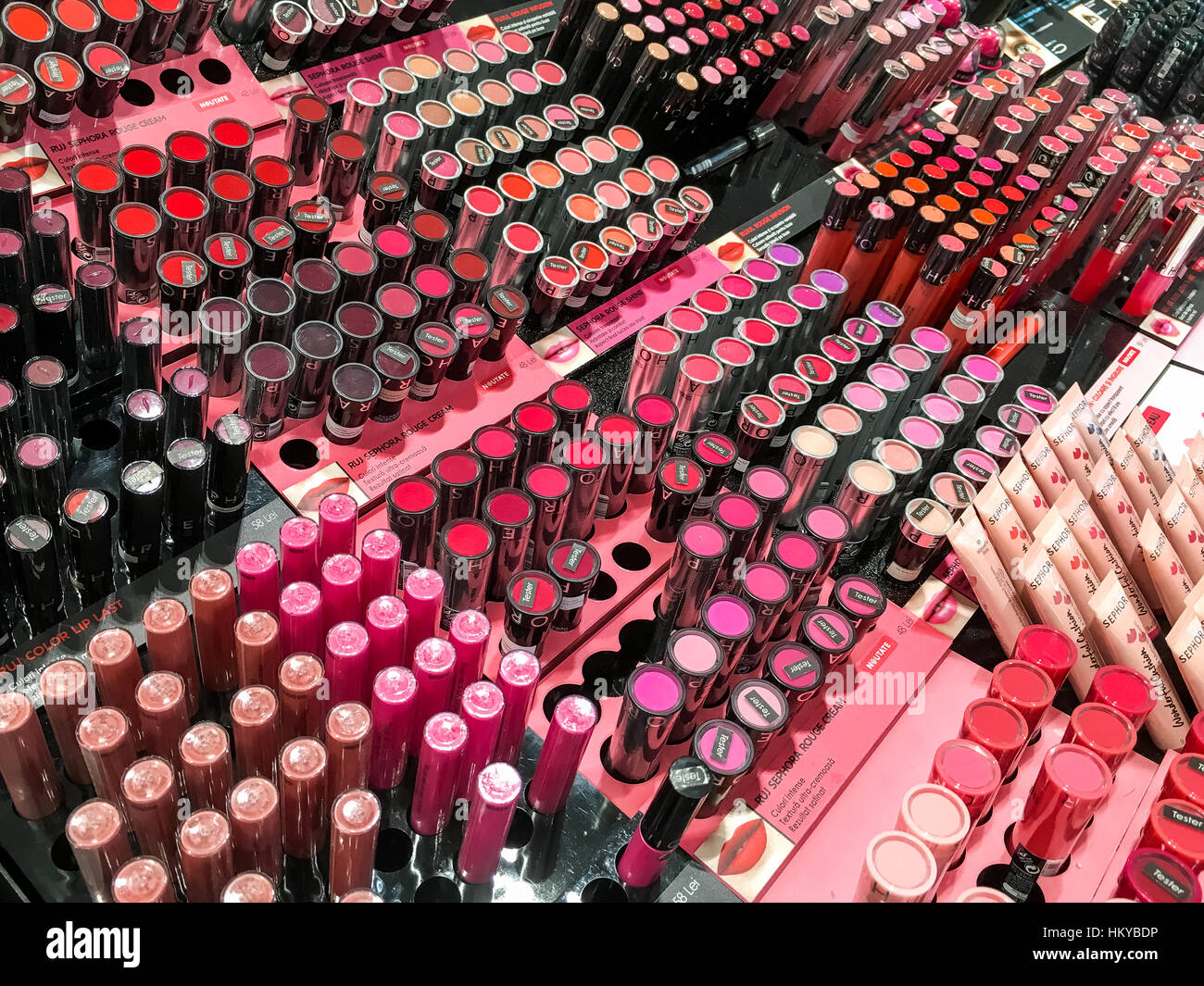 BUCHAREST, ROMANIA - MAY 30, 2016: Cosmetic Products For Sale In Fashion Beauty Shop Display. Stock Photo