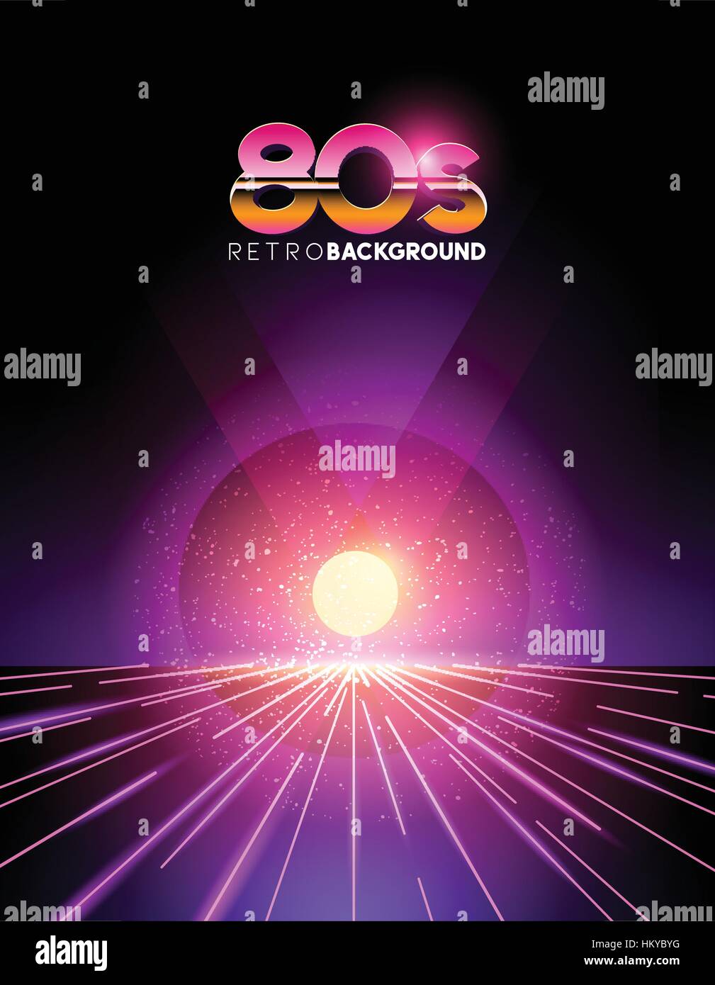 retro 1980's style neon digital abstract background with laser beams and a sunset. Stock Vector
