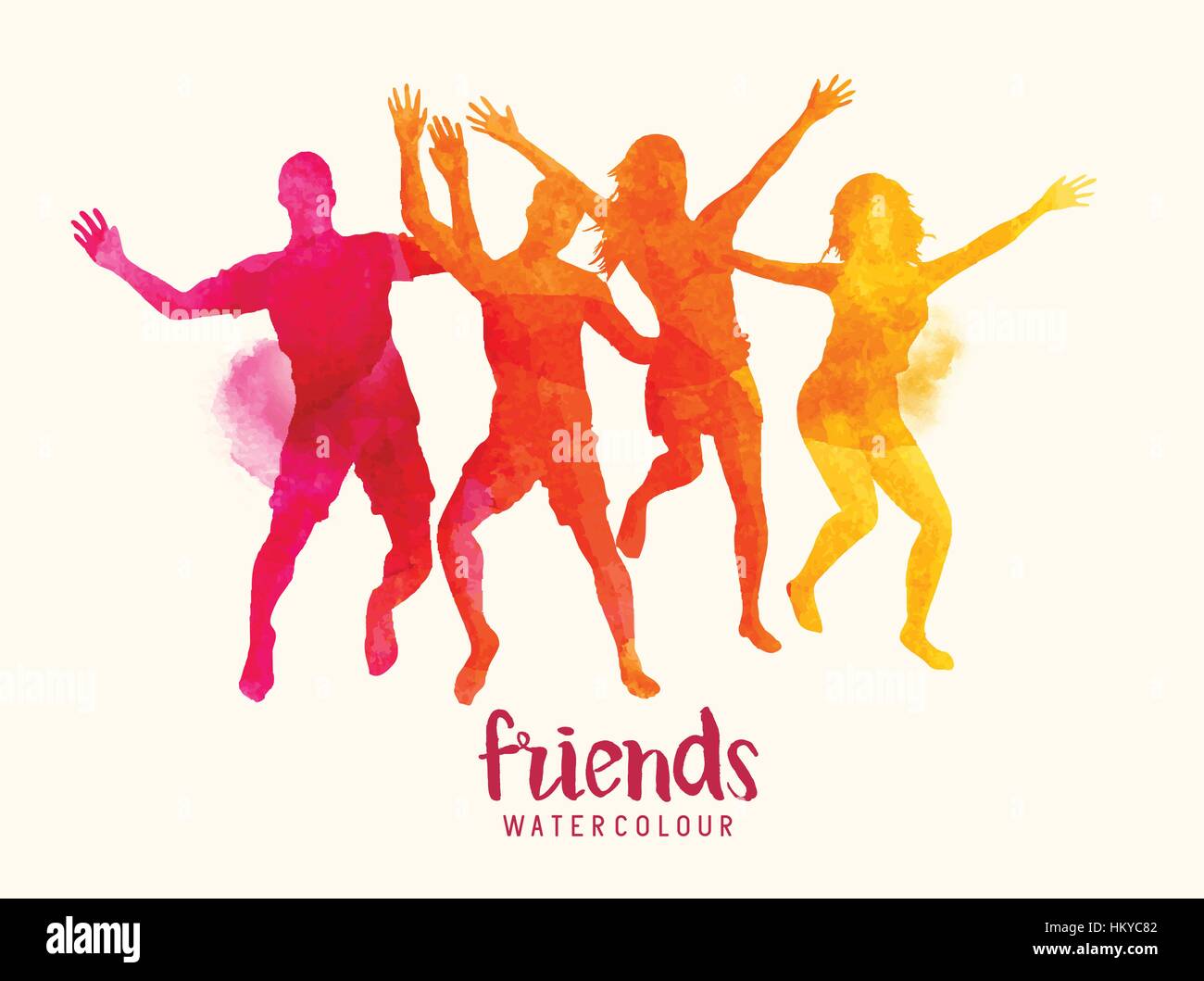 Watercolour vector illustration of young bright coloured friends jumping together. Stock Vector