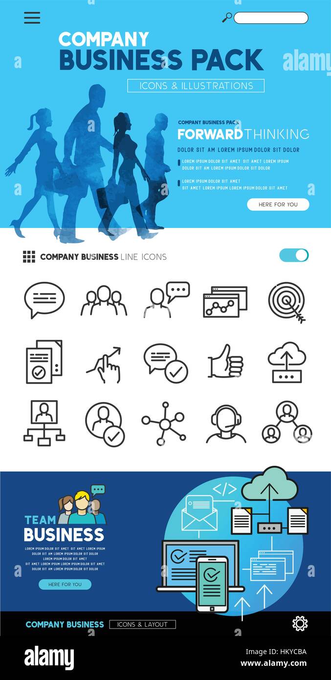 Business layout designs with flat icon set and people illustrations - vector collection. Stock Vector