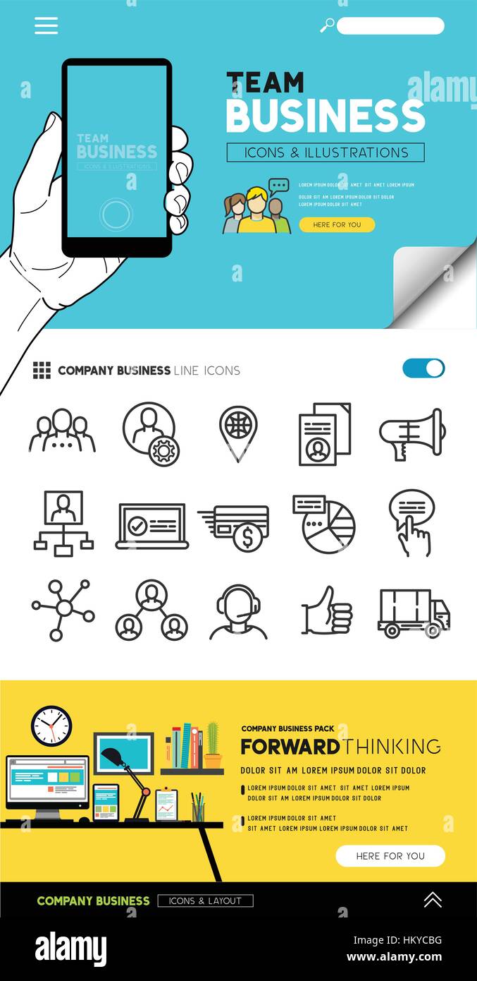 Business layout designs with flat icon set and people illustrations - vector collection. Stock Vector
