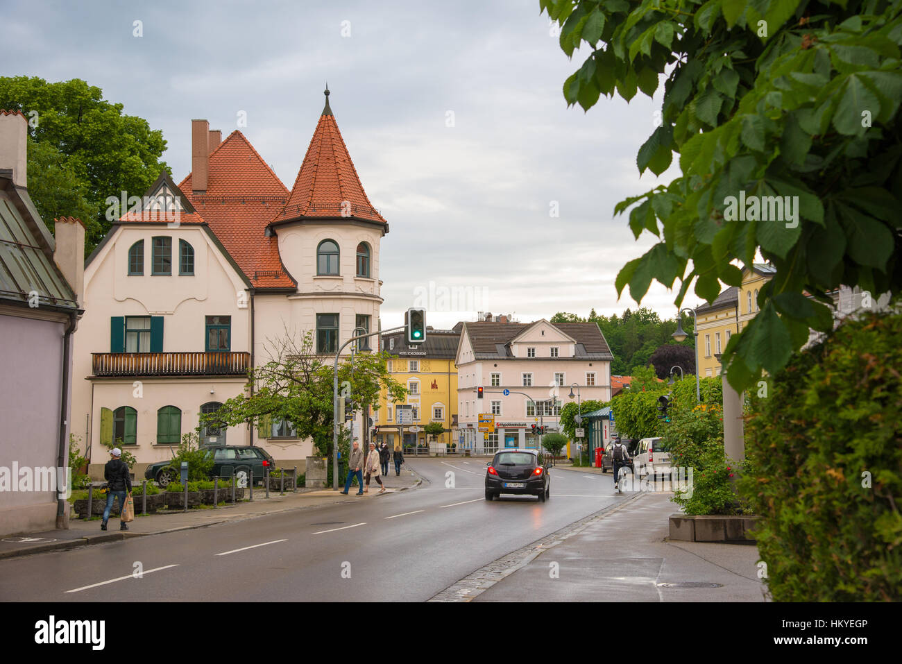 Fussen, Germany - June 4, 2016: View of historical street in Fussen with typical bavarian architecture buildings. Stock Photo