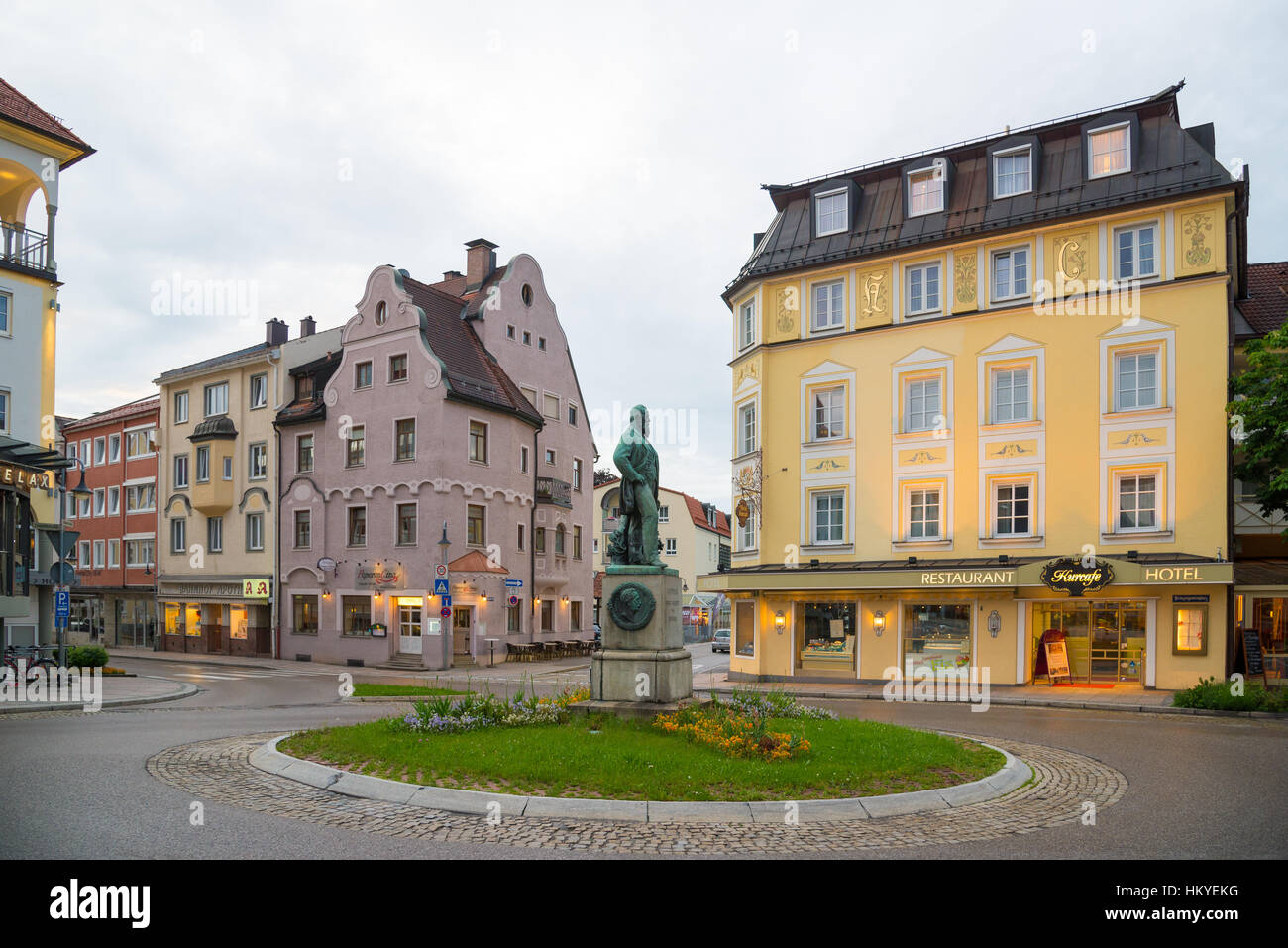 Fussen, Germany - June 4, 2016: View of beautiful historical street in Fussen with typical bavarian architecture buildings. Stock Photo