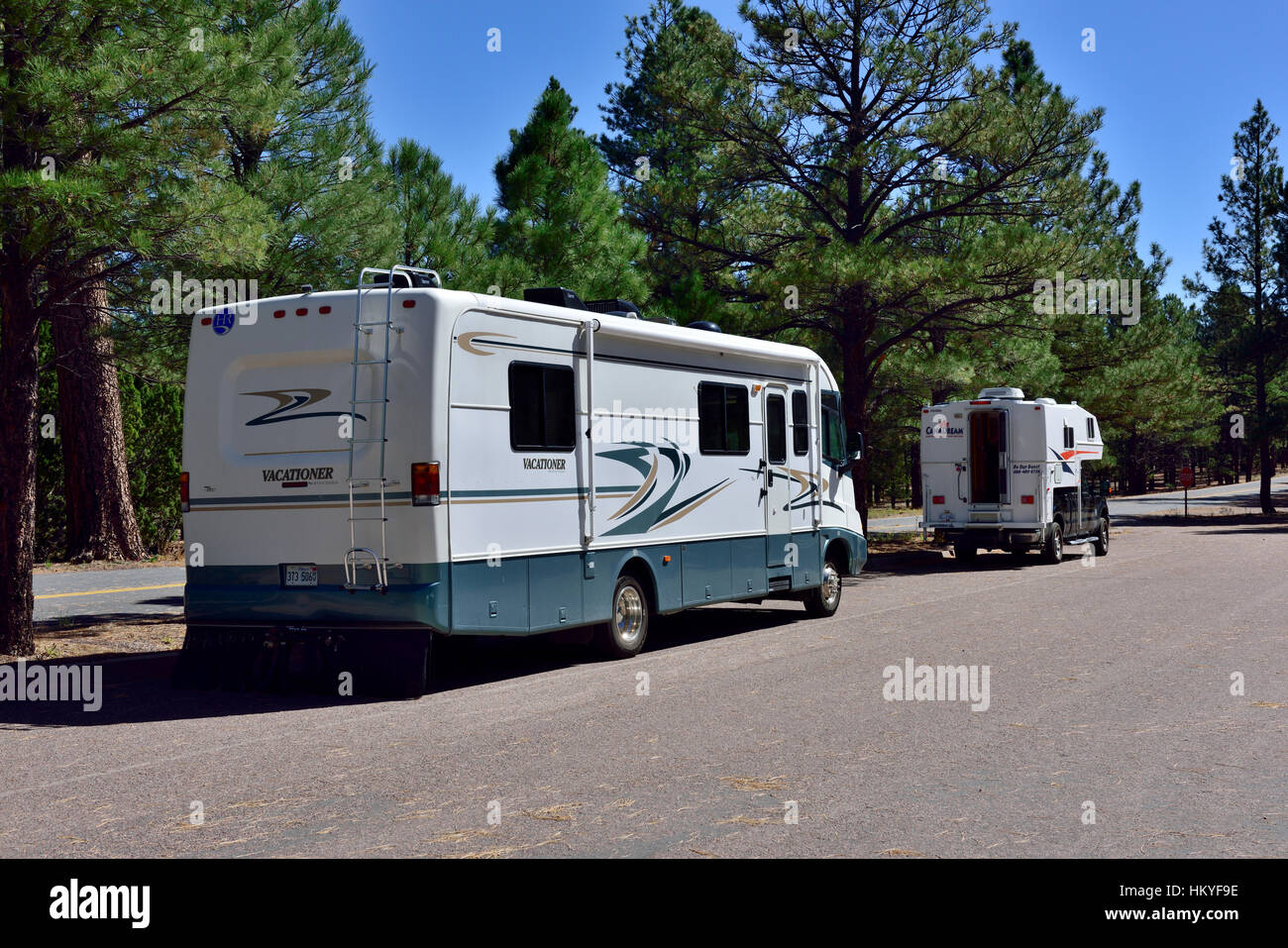 Two different American RV motorhomes stopped in Arizona national park Stock Photo