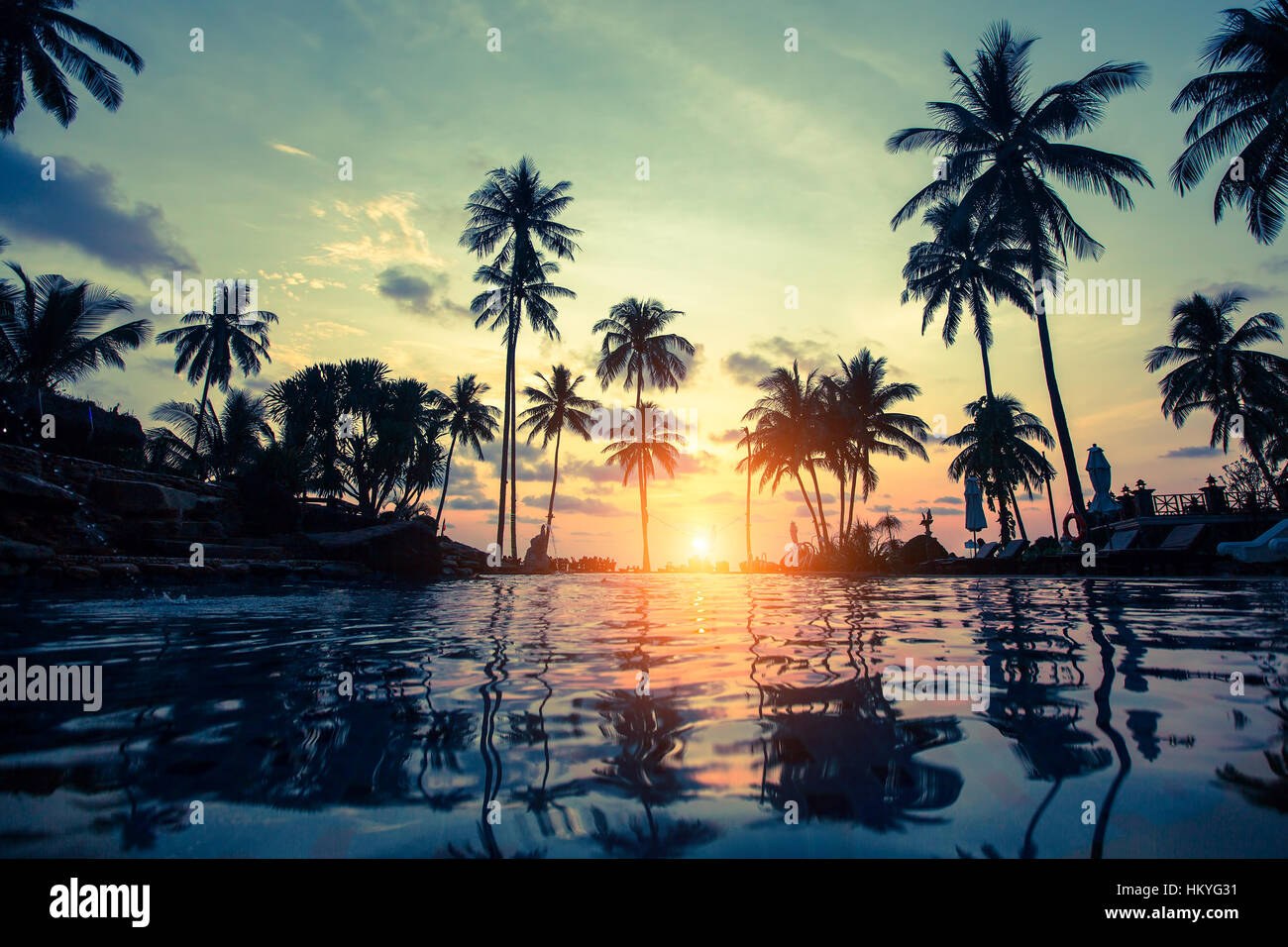 Tropical beach with pool and silhouetted palm trees during sunset Stock ...