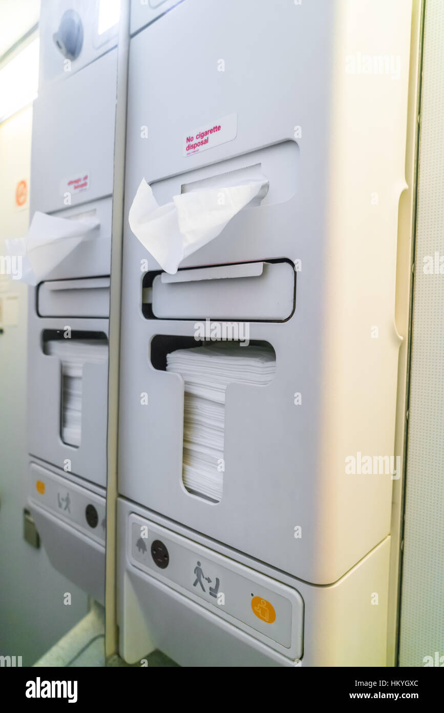 Aircraft lavatory toilets aboard a jetliner airplane Stock Photo Alamy