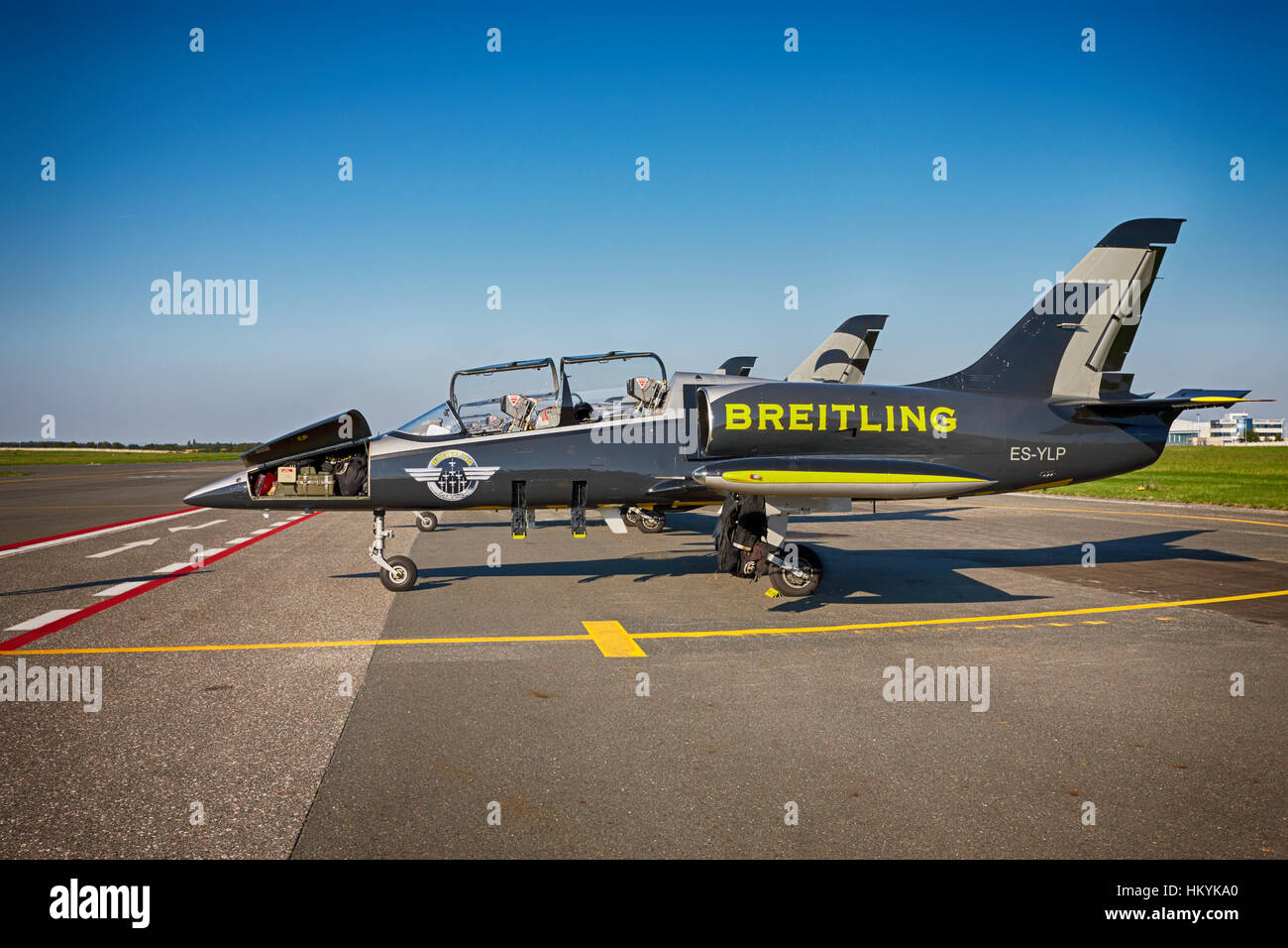 PRAGUE - SEPTEMBER 6: Airplanes Aero L-39 Albatros from Breitling Jet Team on parking stand in Vaclav Havel Prague Airport on September 6, 2013. The B Stock Photo