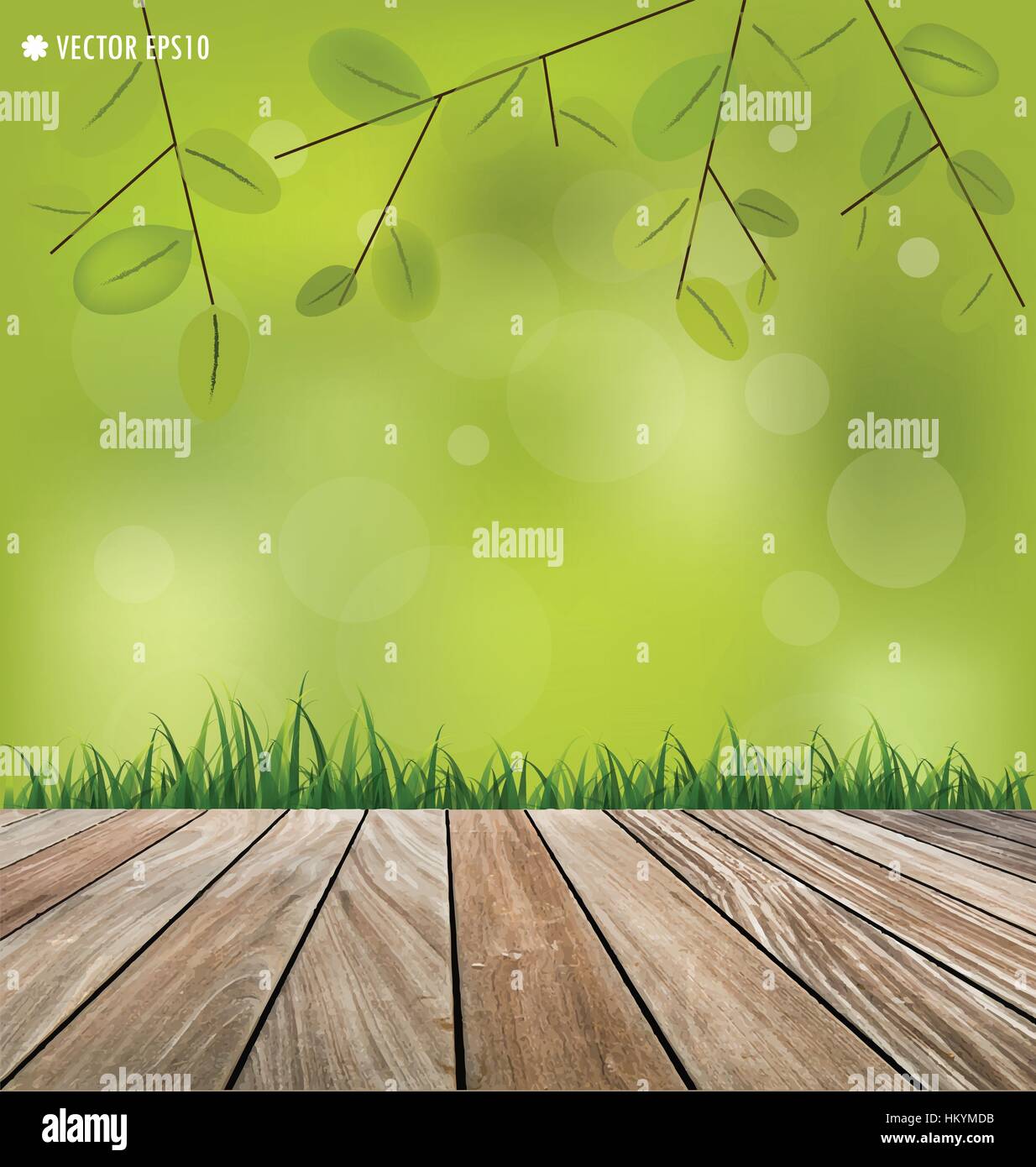 Natural background. Fresh spring green grass and wood floor. Vector