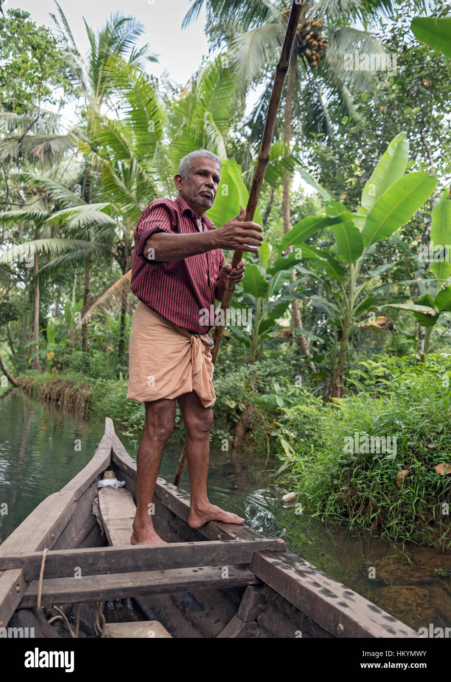 Boatman with punting pole, Kerala Backwaters, India Stock Photo