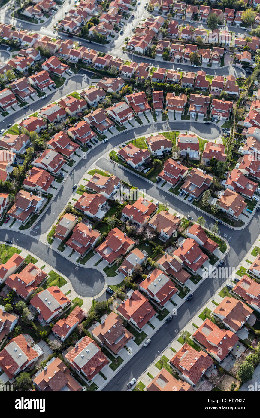 Aerial view of suburban houses, streets and cul de sacs in the Porter Ranch neighborhood of Los Angeles, California. Stock Photo