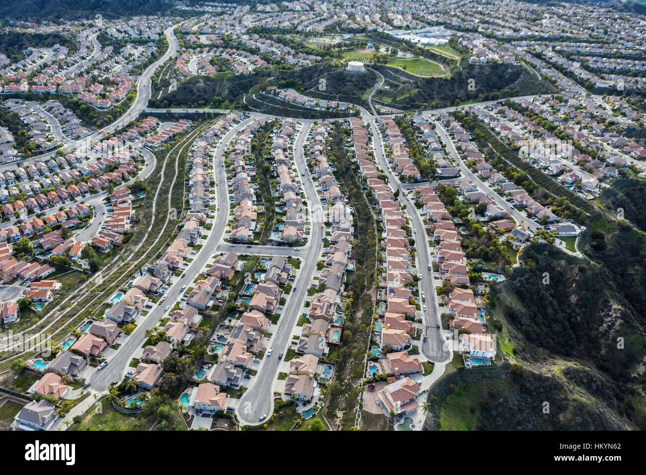 Aerial of suburban cul-de-sacs in the Stevenson Ranch community of Los Angeles County California. Stock Photo
