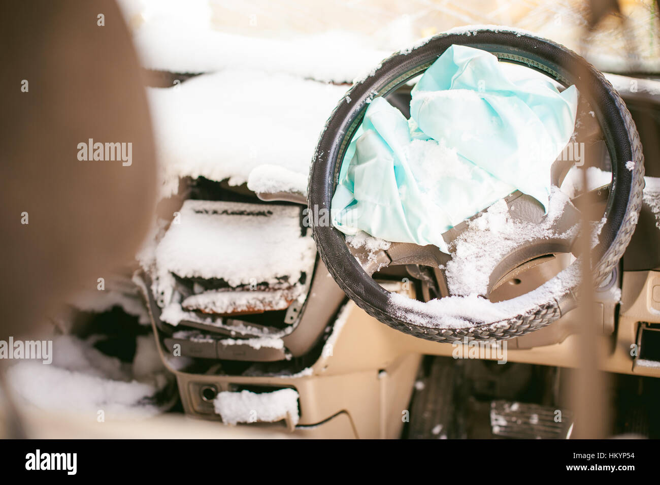 accident automobile. Salon crashed car covered with snow. Supplemental Restraint System Stock Photo