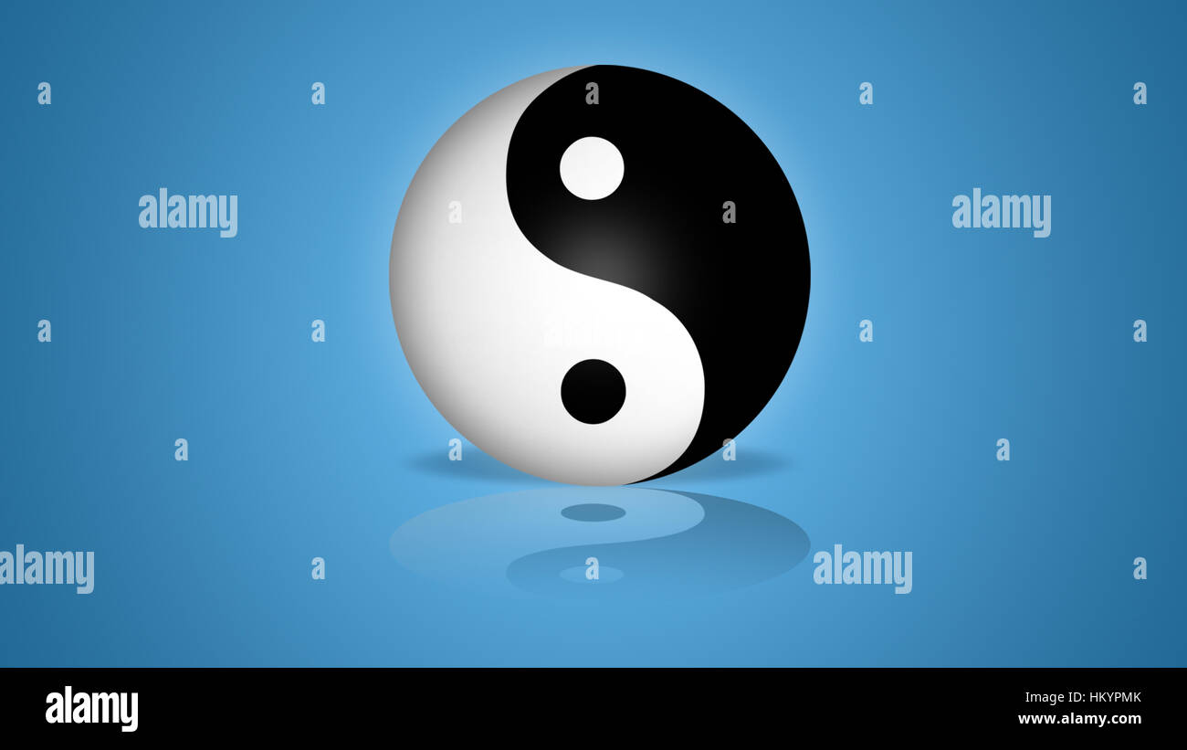 Yin Yang Globe on Relaxing Blue Background with Reflection Stock Photo