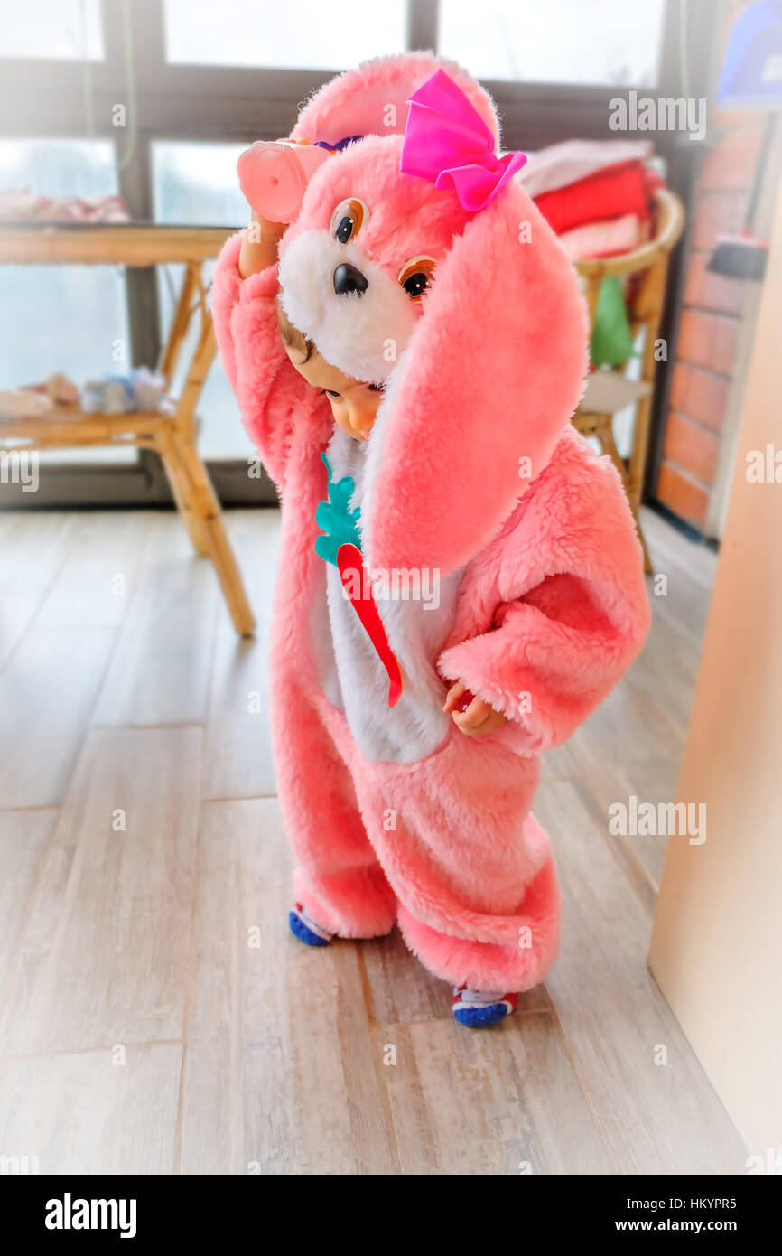 baby rabbit carnival pink suit Stock Photo