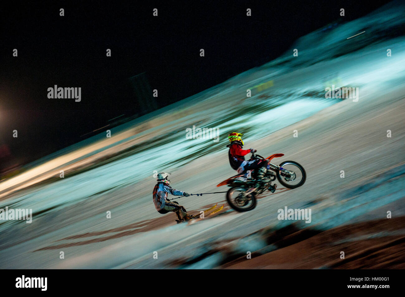 Night Motorcycle Skijöring Event at Reichling, Bavaria, Germany Stock Photo