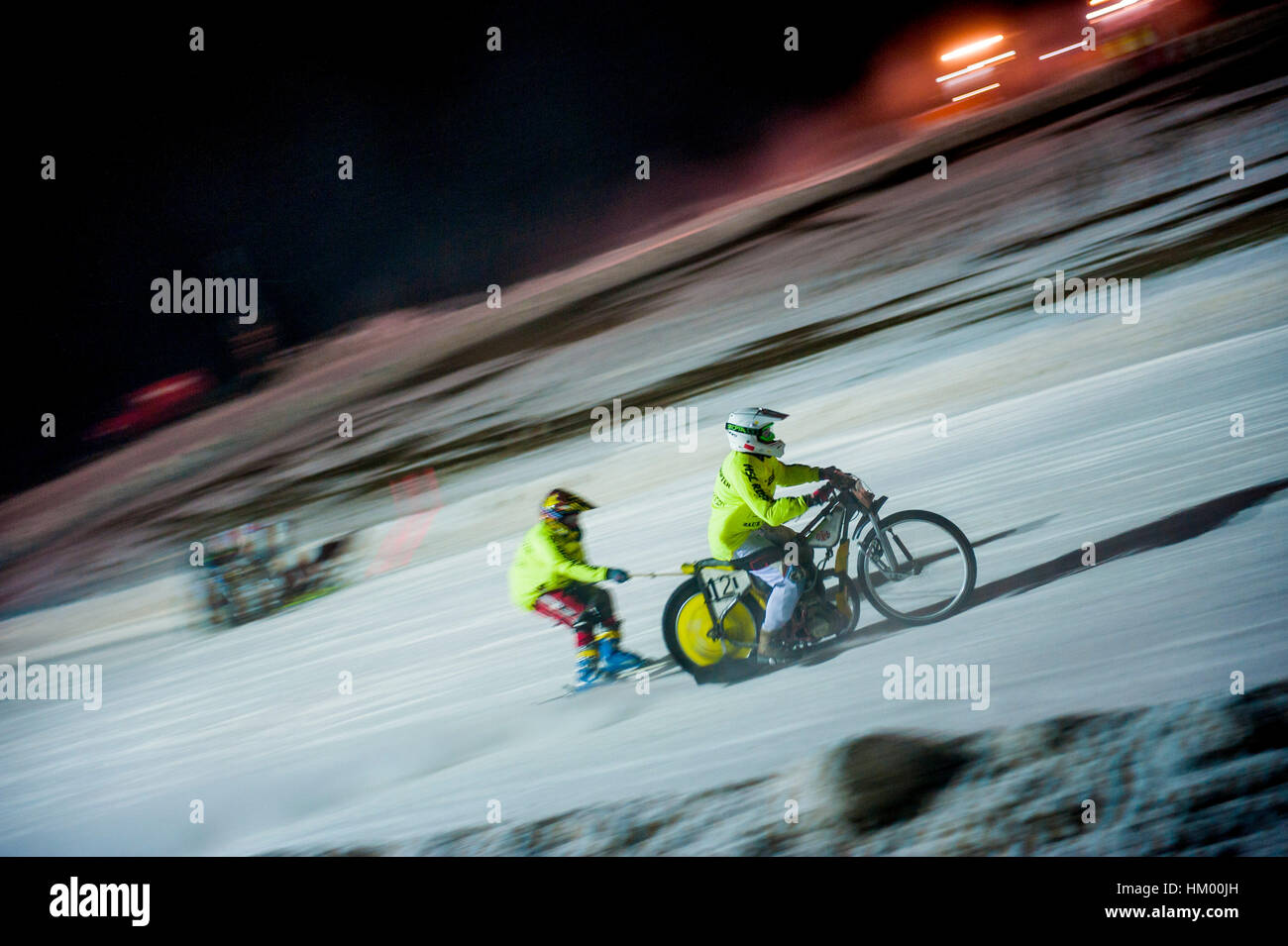 Night Motorcycle Skijöring Event at Reichling, Bavaria, Germany Stock Photo