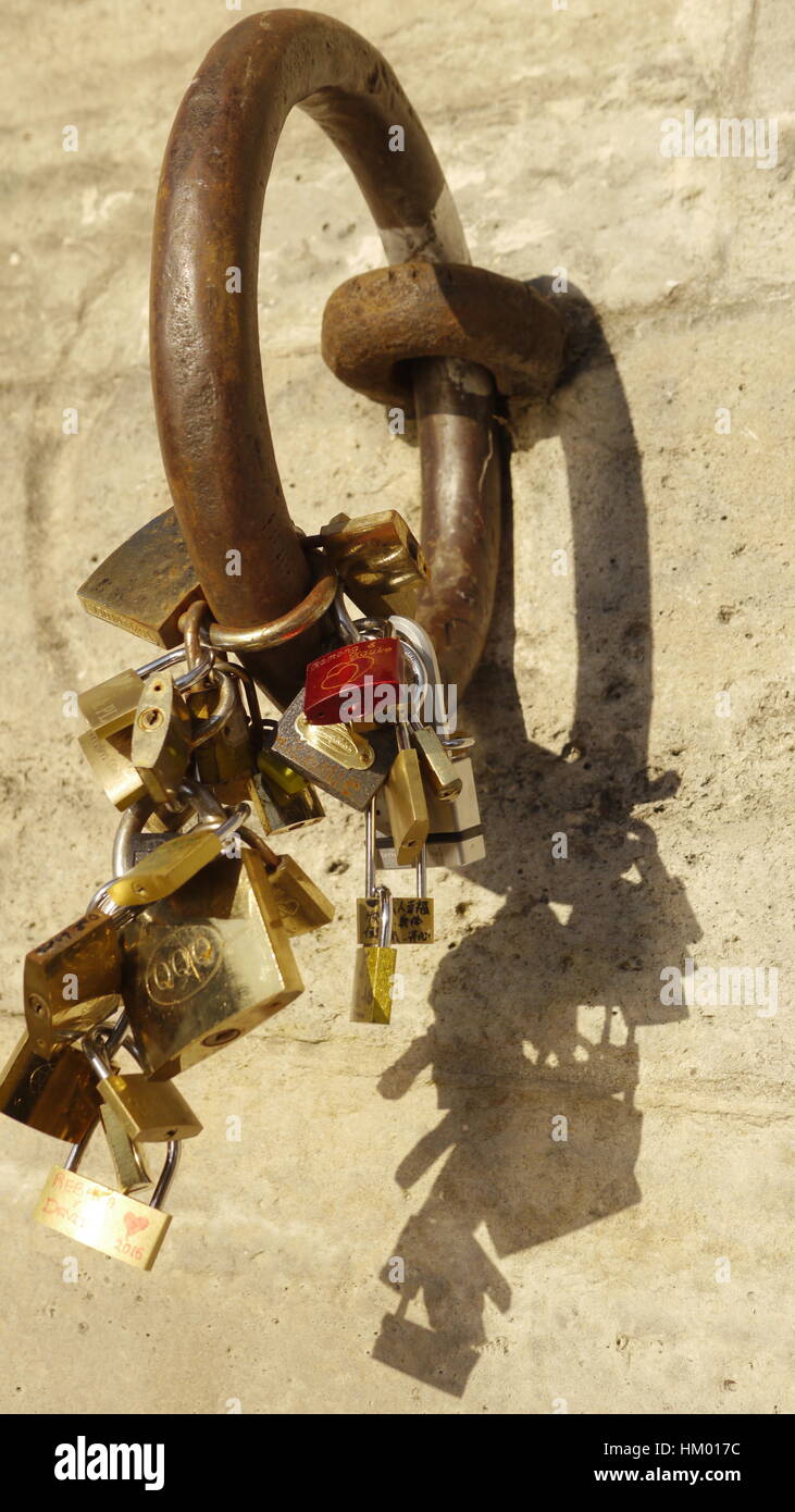 Love locks.Locks representing lovers union hanging from a wall in Paris