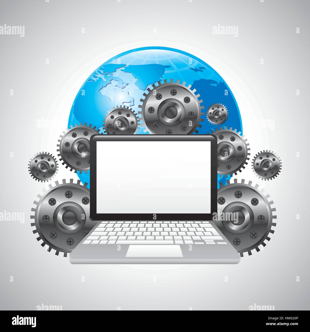 laptop computer with gears around over earth planet and white ...