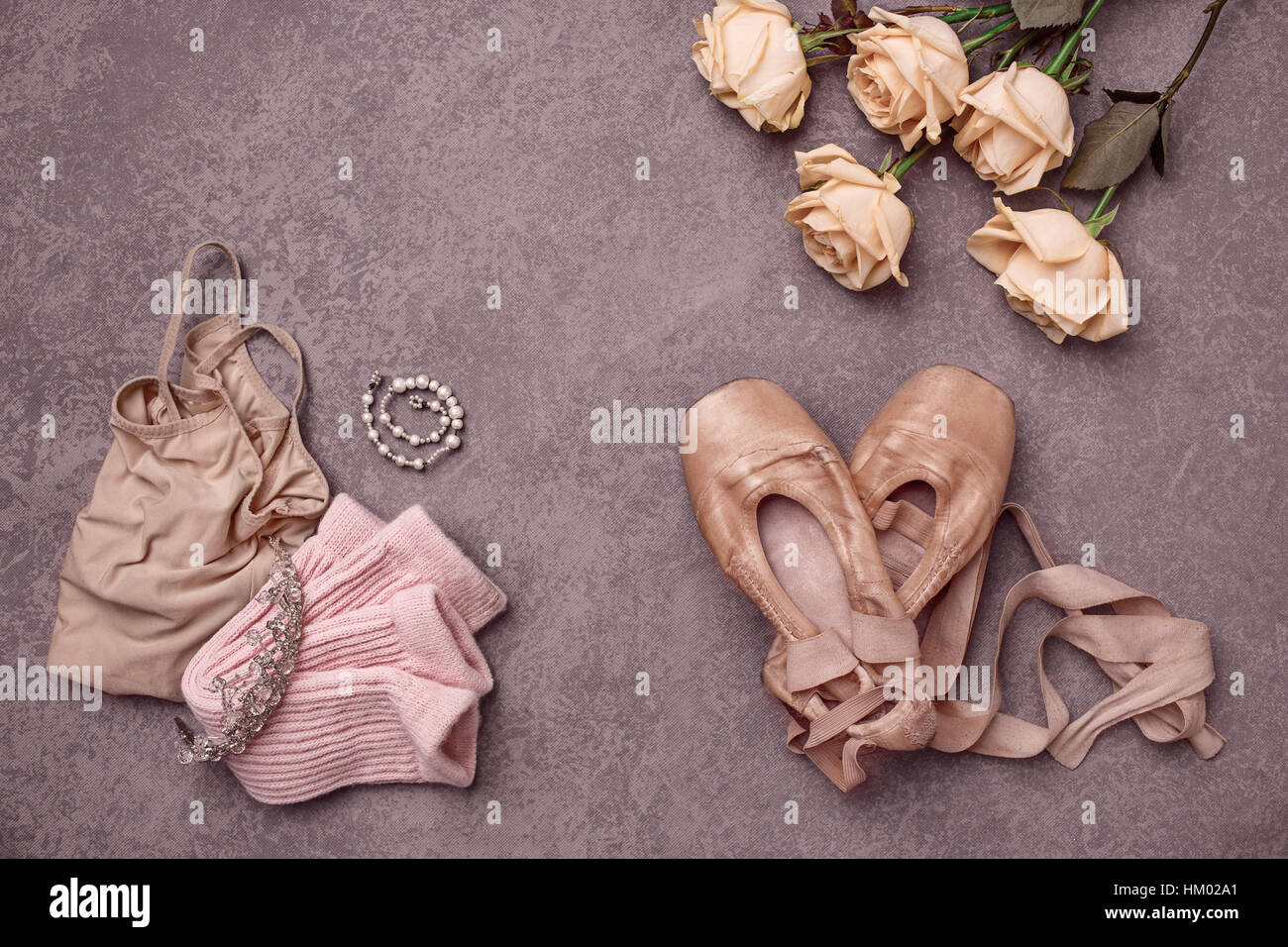 Vintage still Life with roses and Ballet Shoes Stock Photo