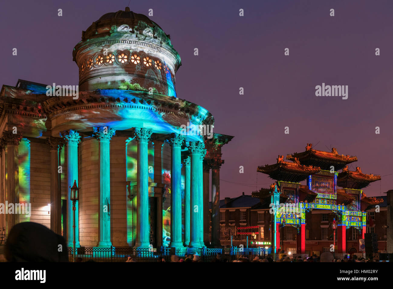 Liverpool. England.29 January 2017. The Chinese gates and the Blackie Arts centre illuminated spectacular light dispaly to mark the Chinese New Year Stock Photo