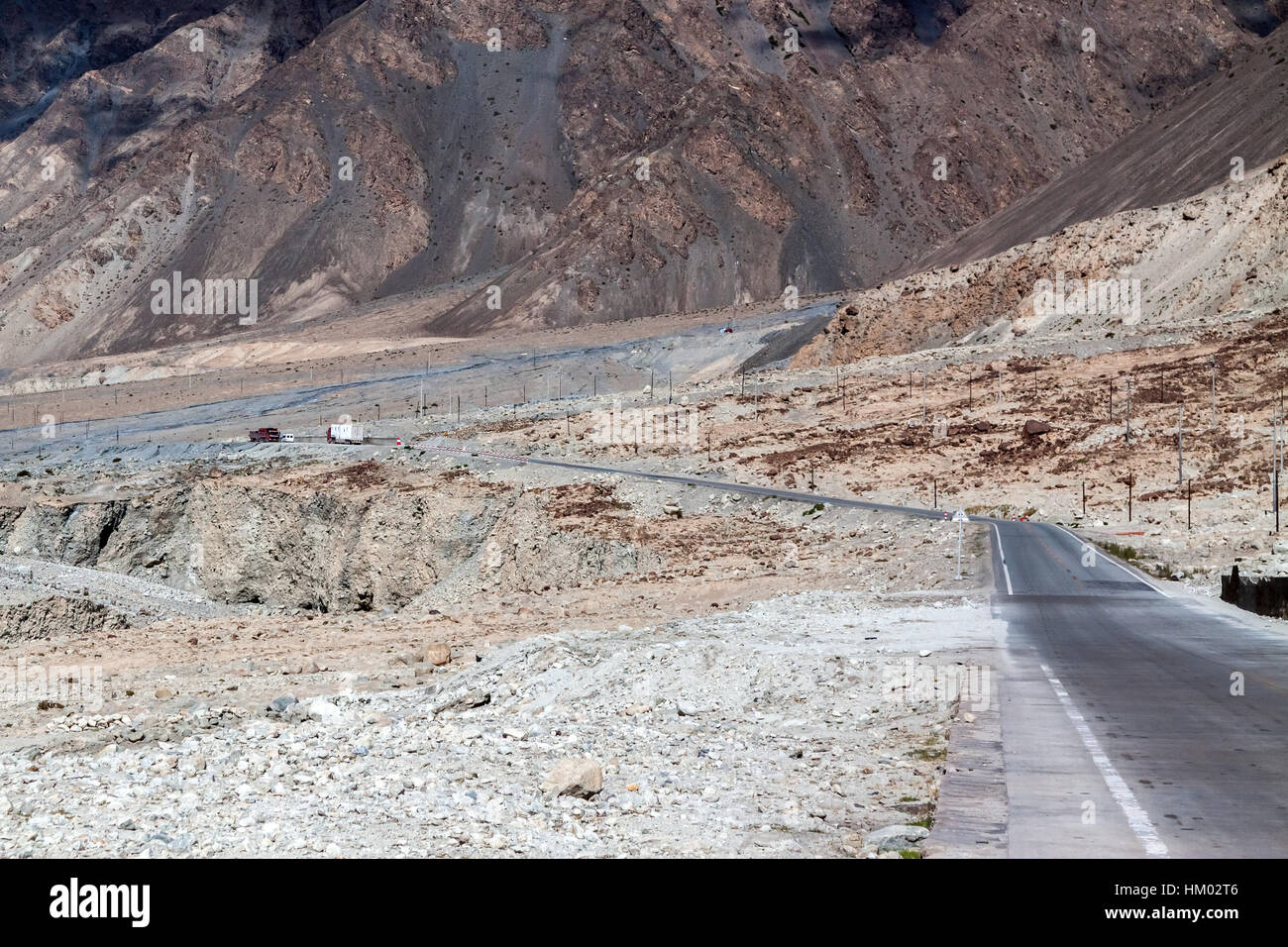 Rock formations, colorful mountains, eroded landscape along Karakoram Highway, Xinjiang Autonomous Region, China. Stock Photo