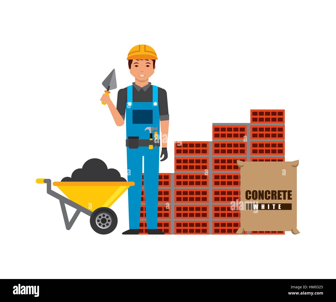 construction worker with a bricks wall over white background. under ...