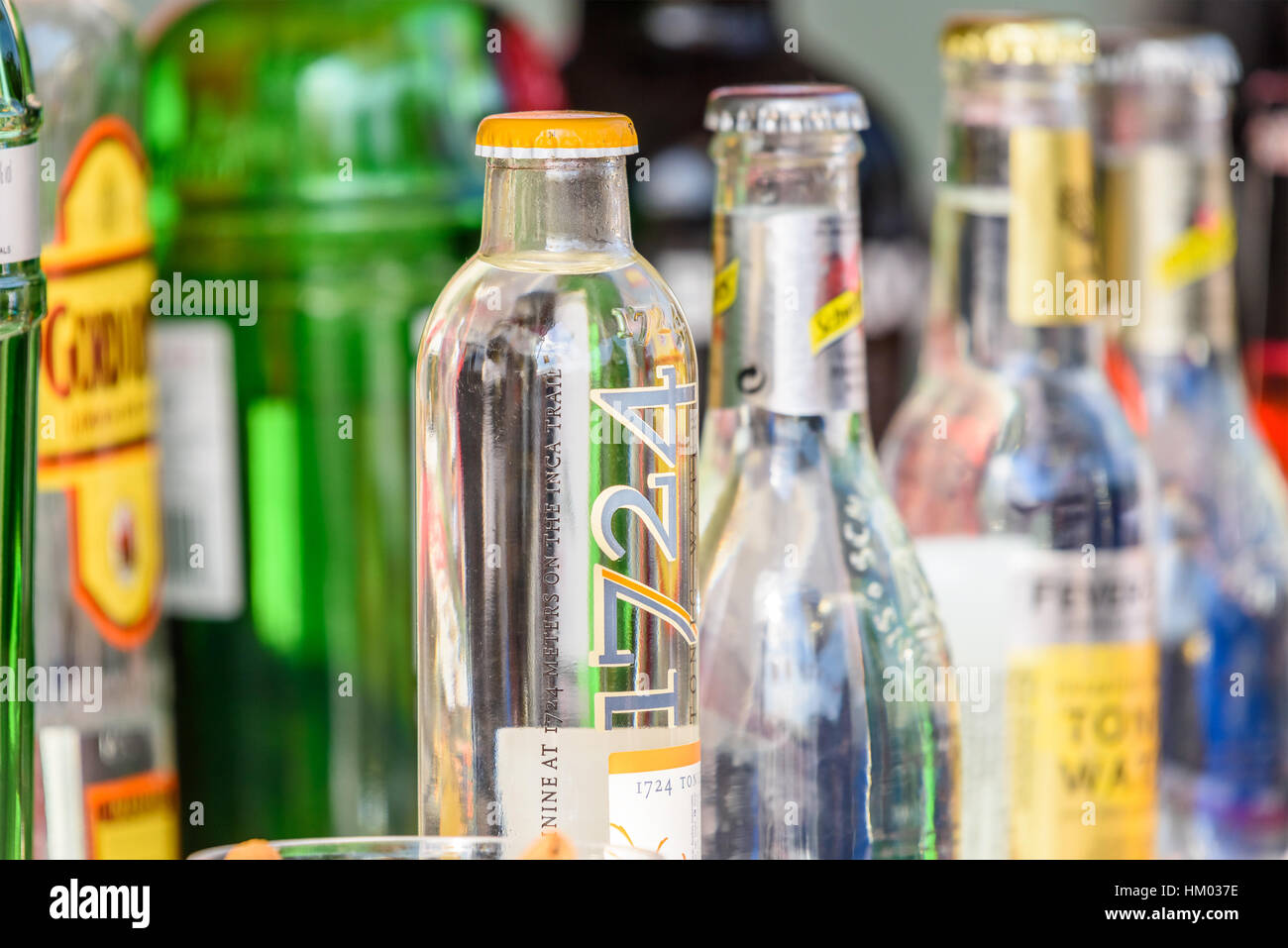 BUCHAREST, ROMANIA - SEPTEMBER 11, 2016: Alcohol Bottles On Drink Bar At Street Food Van. Stock Photo