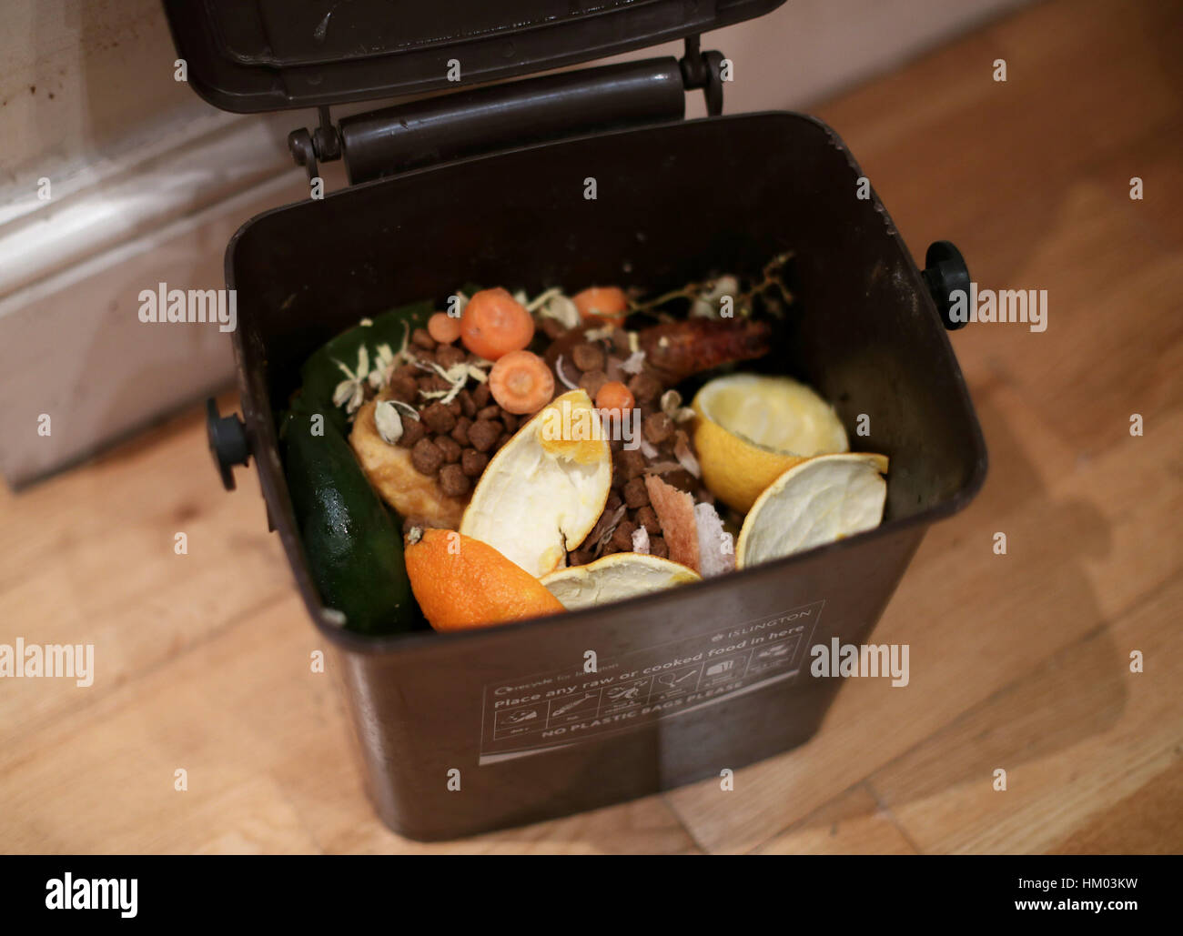 Food waste in a food recycling bin issued by Islington council, in a