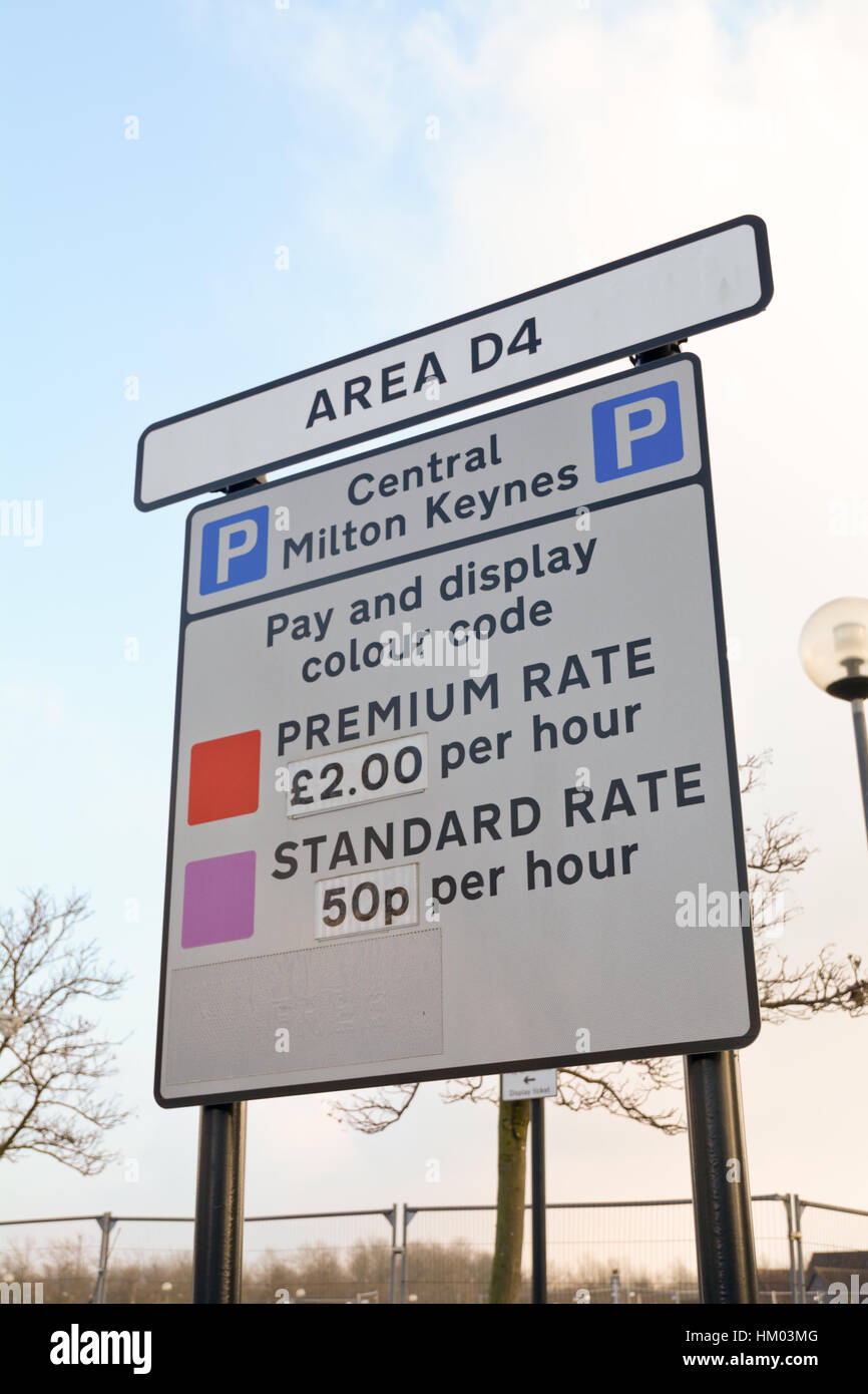 Sign showing car parking charges in Area D4 in Central Milton Keynes, England Stock Photo