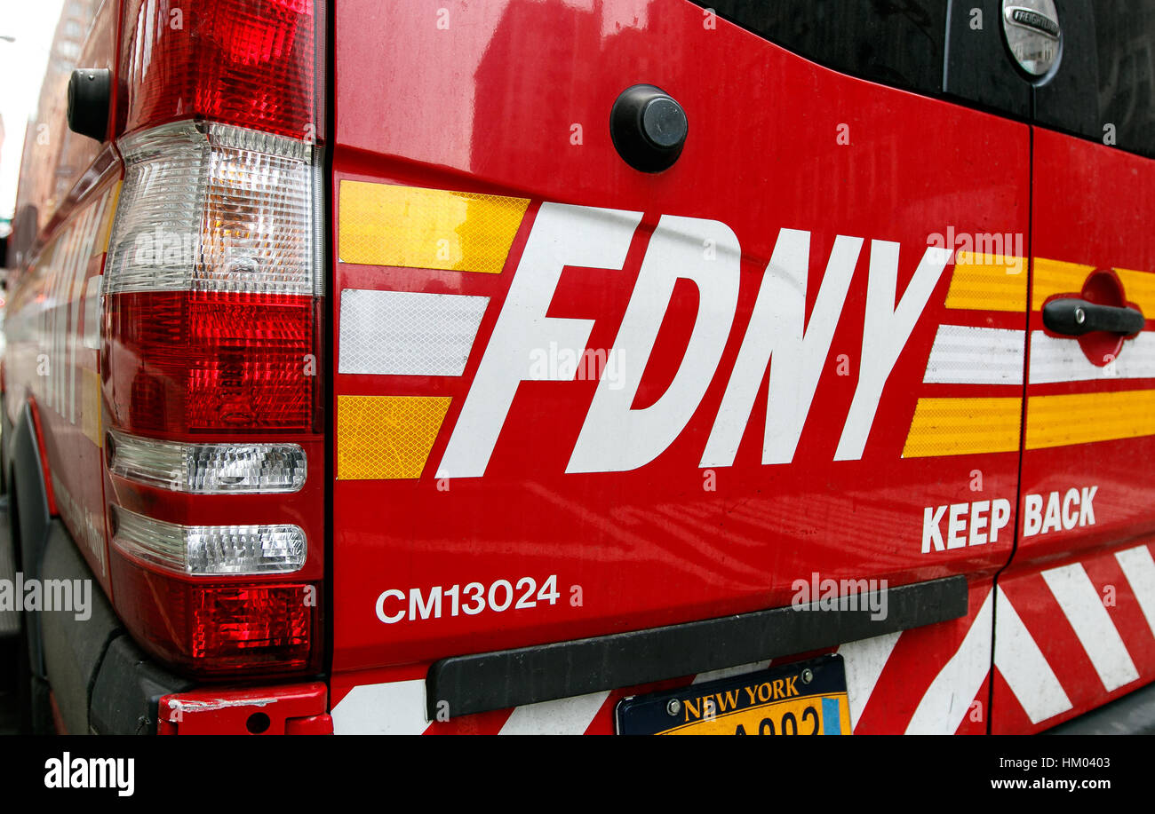 Closeup of a rear of an FDNY vehicle parked in the streets of Manhattan. Stock Photo