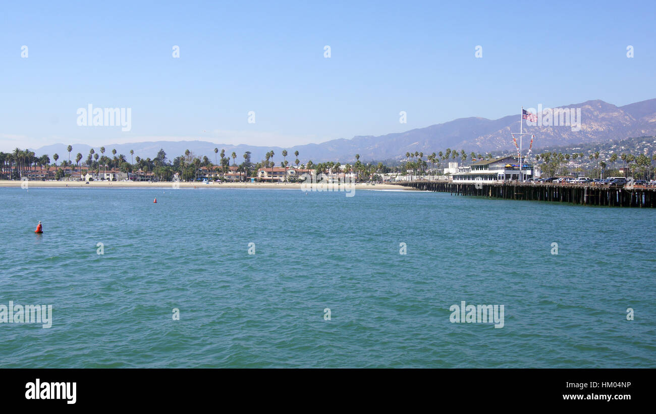 SANTA BARBARA, CALIFORNIA, USA - OCT 8th, 2014: View of palm trees on the shore and mountains from Stearn's Wharf Stock Photo