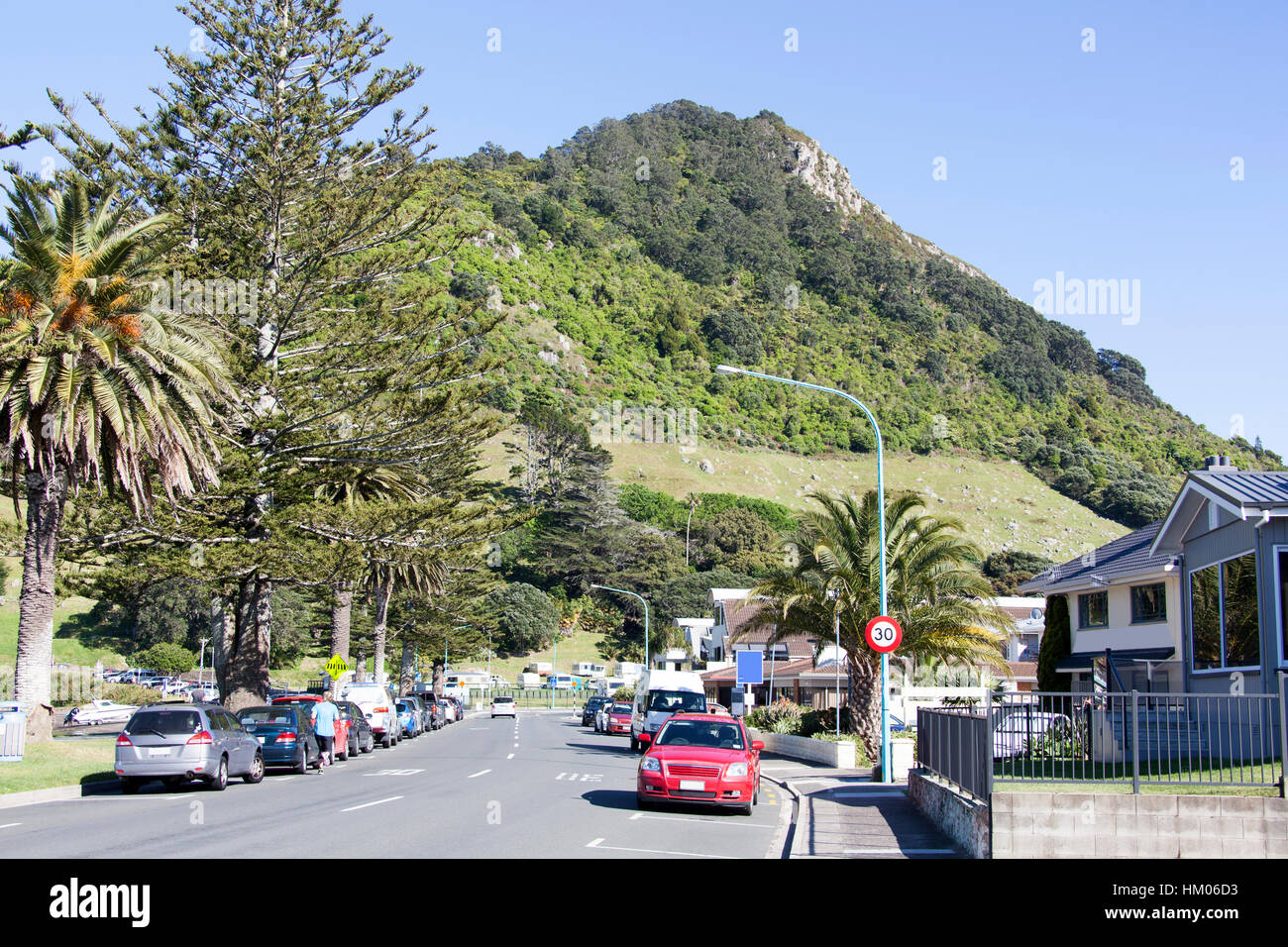 The morning view of The Mall street in Mount Maunganui resort town with Maunganui mountain in a