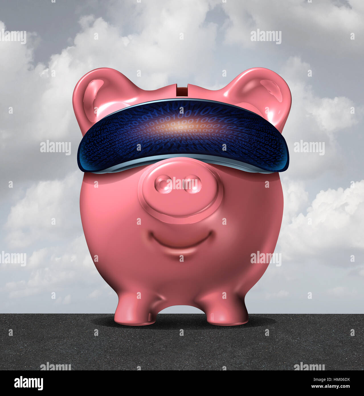 Virtual banking technology as a piggy bank wearing computer reality glasses as a financial internet technology and online savings. Stock Photo