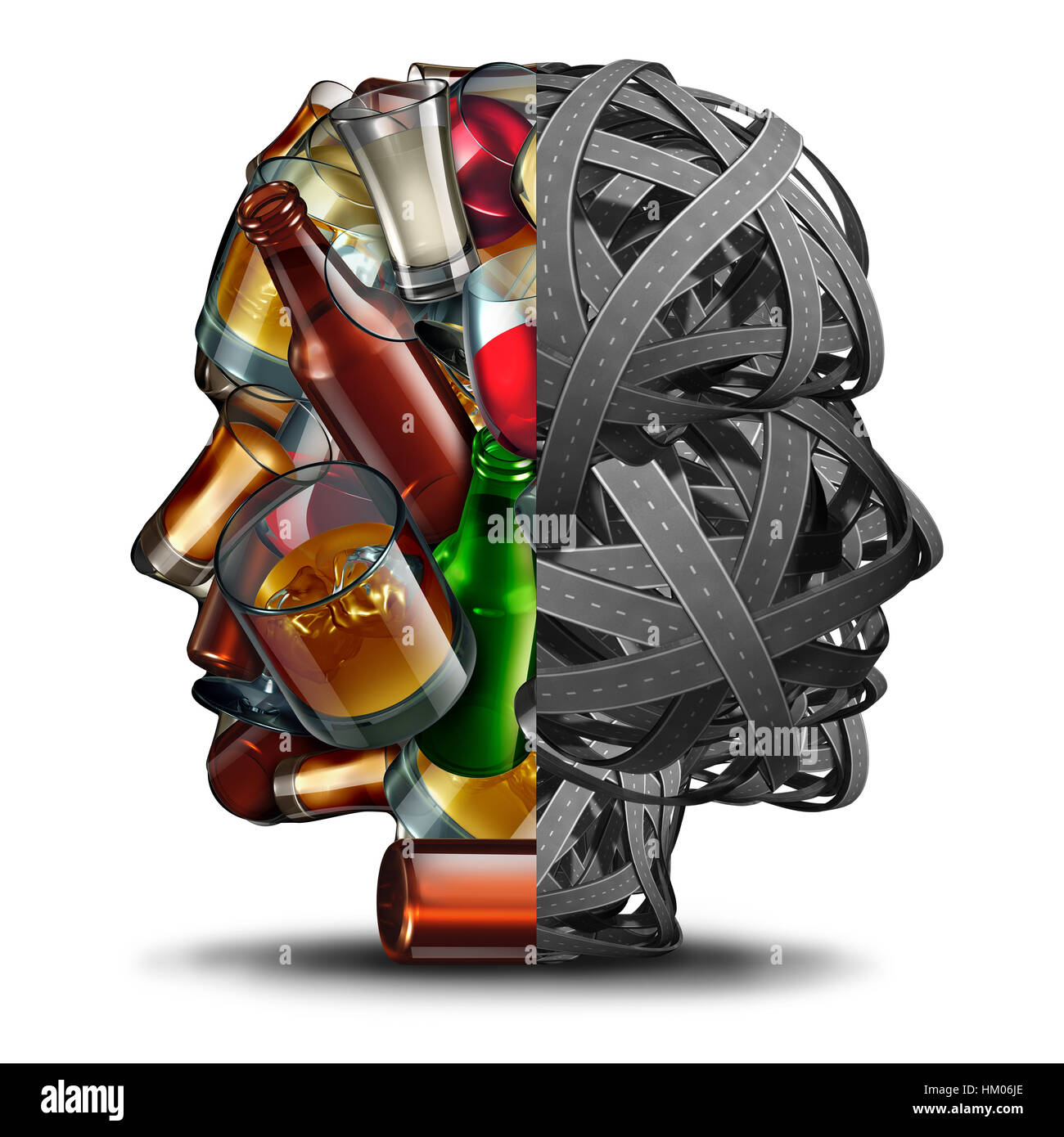Drinking and driving and drunk driver concept under the influence of alcohol as a group of roads and alcoholic drinks in a head shape as a transportat Stock Photo