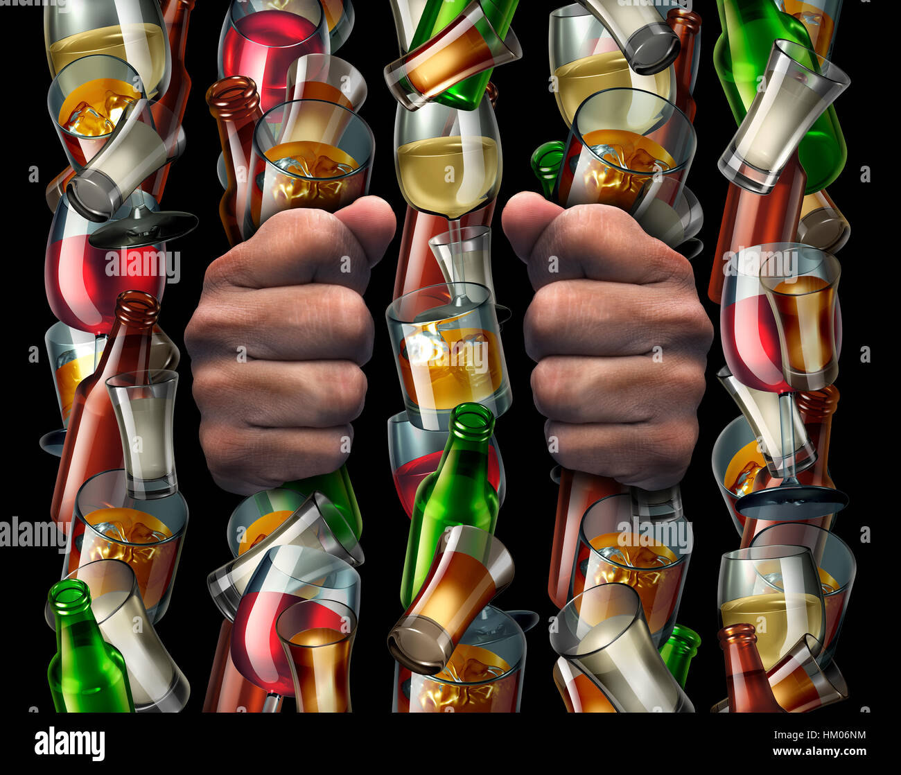 Alcohol addiction and trapped by alcoholism concept as the hands of a drunk prisoner holding a group of liquor bottles and glasses shaped as prison ba Stock Photo